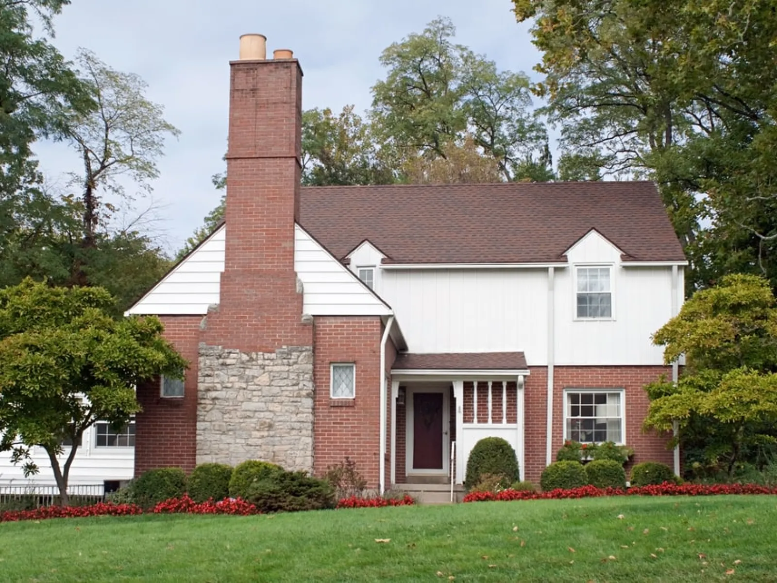 a brick house with a chimney