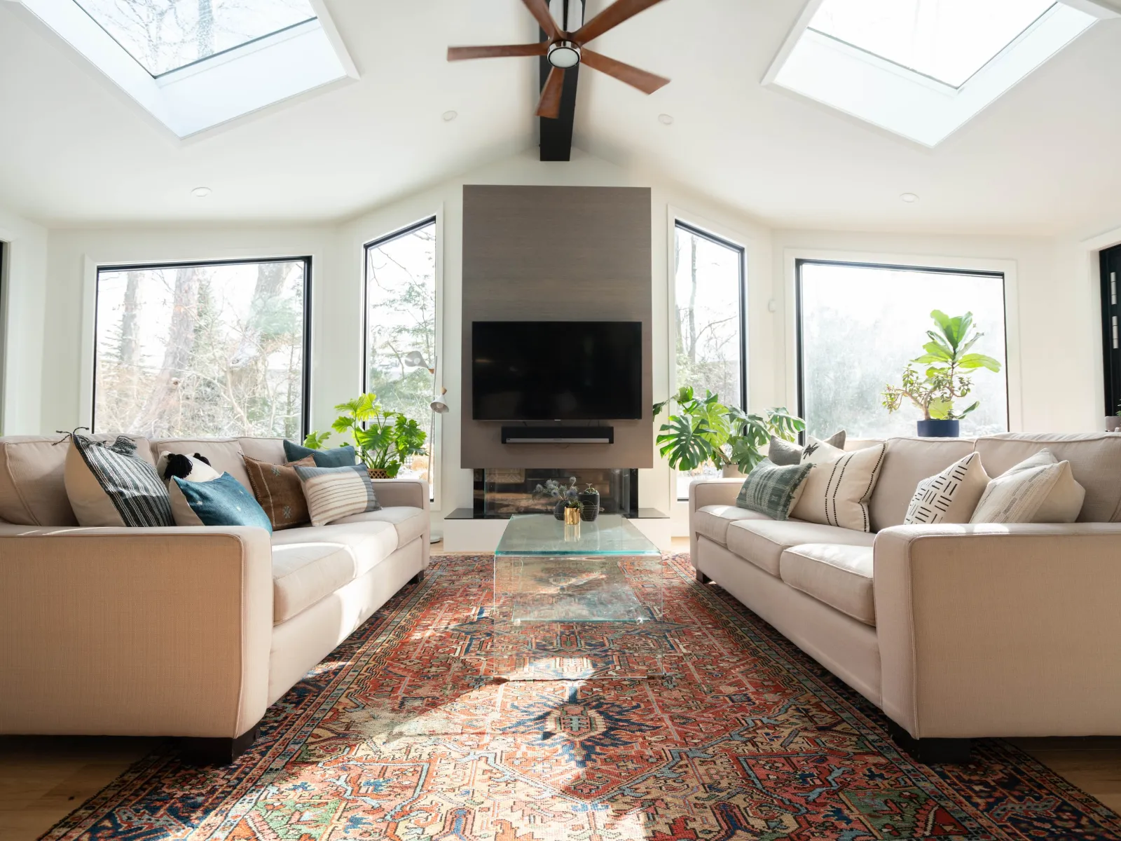 a living room with a fireplace