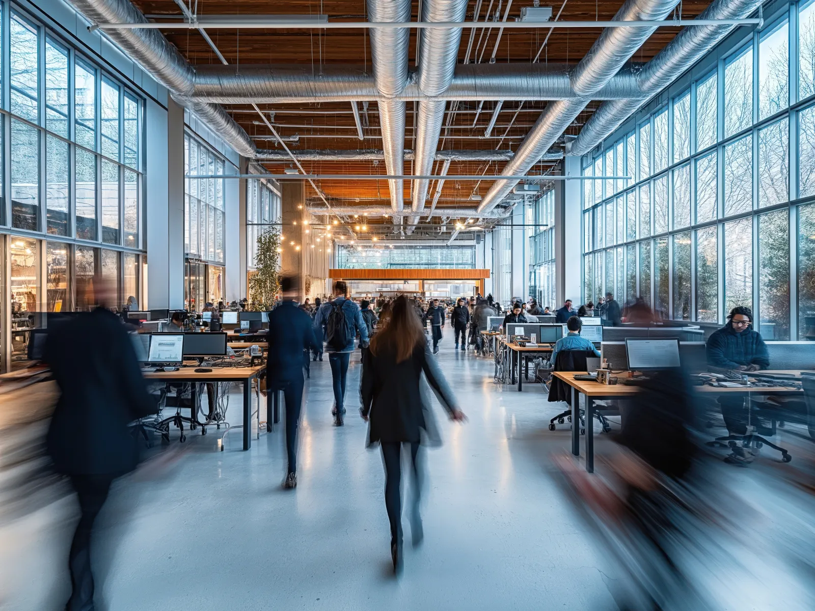 people in a large room with computers