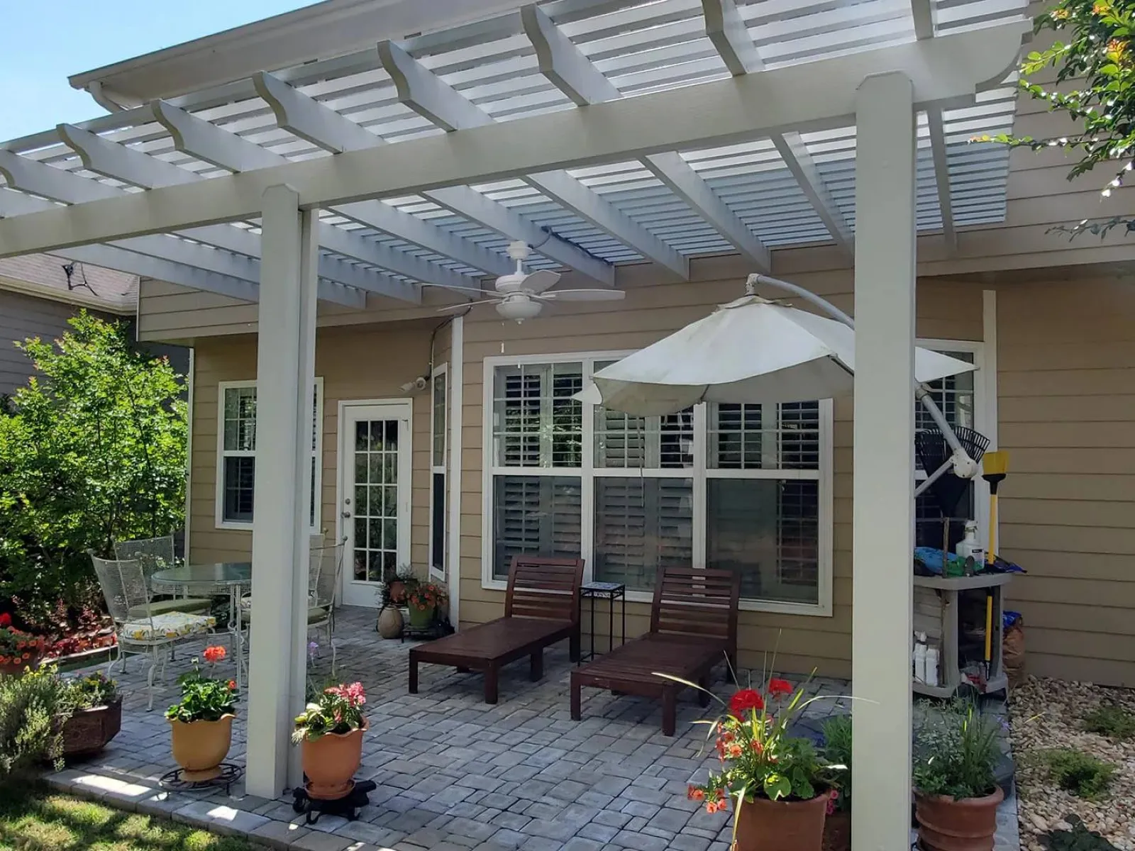 a patio with a covered patio