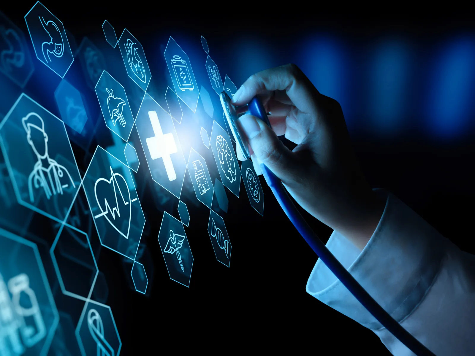 A hand interacting with digital health icons on a futuristic interface.