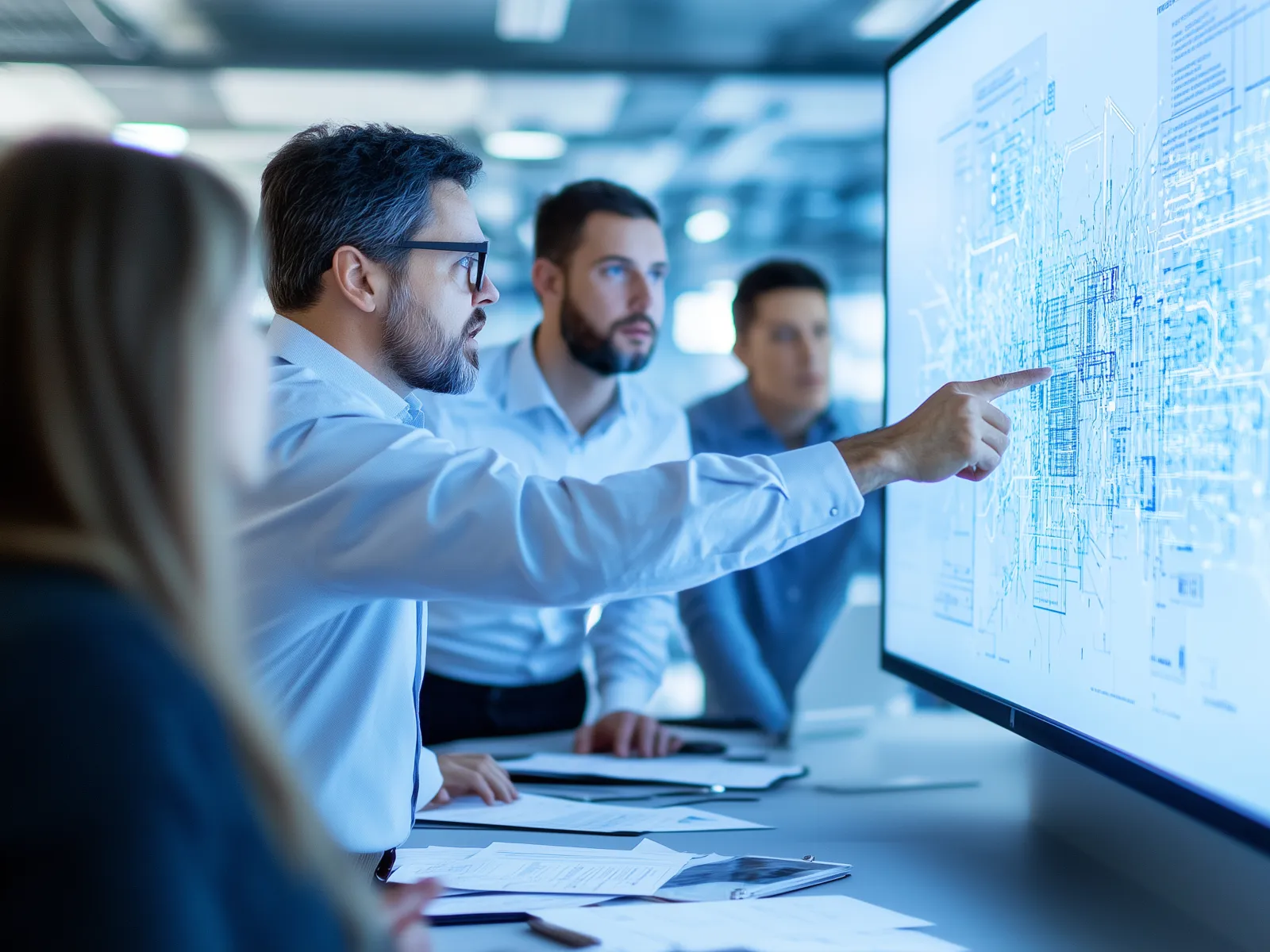 Team of engineers analyzing digital blueprints on a large interactive screen in a modern office.