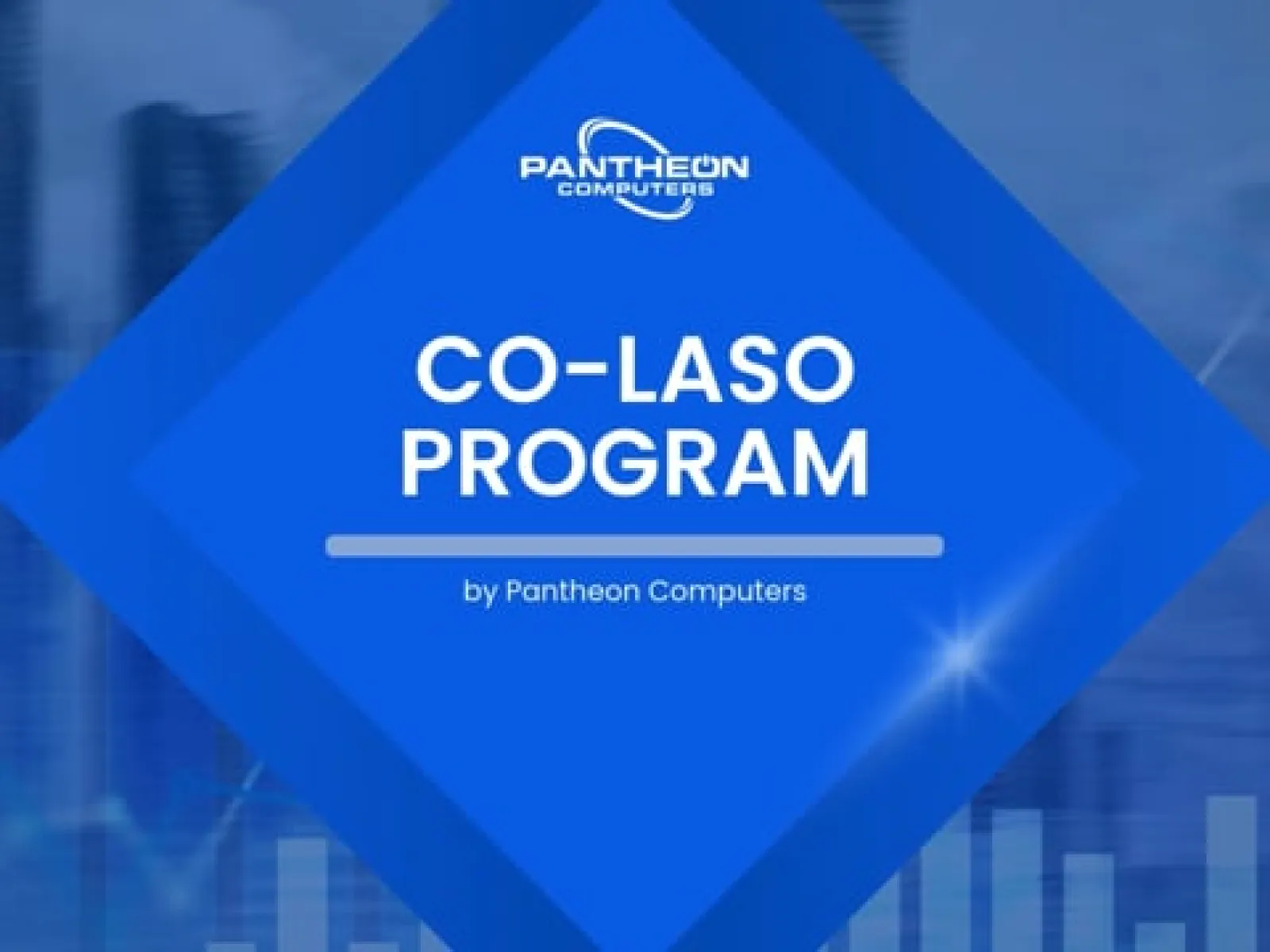 Blue diamond graphic featuring Pantheon Computers Co-Laso Program with cityscape and data chart background.