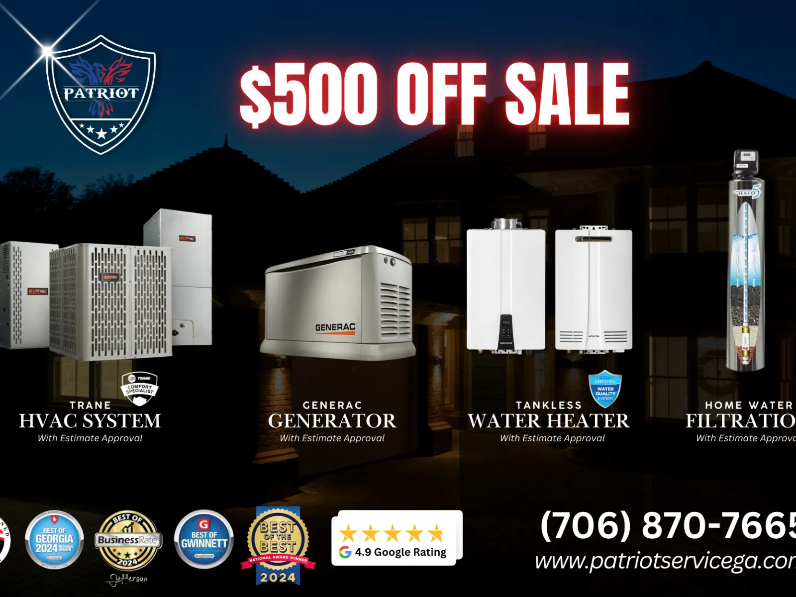 $500 off sale on HVAC systems, generators, tankless water heaters, and home water filtration with estimate approval