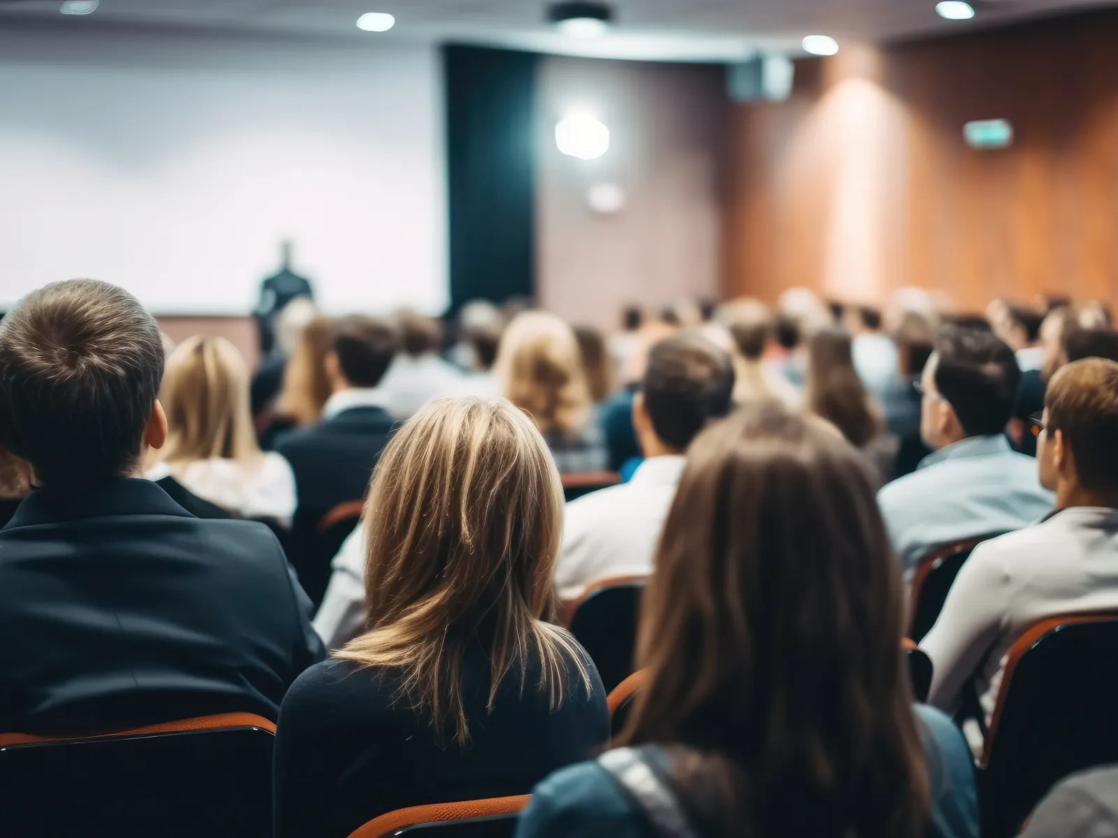Audience listening to a speaker in a bright conference room during a business seminar or workshop.
