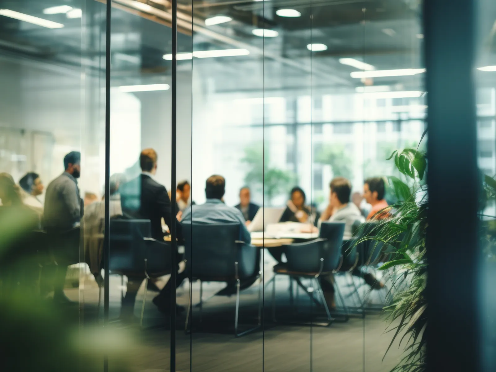 Group of professionals having a business meeting in a modern glass-walled conference room with plants outside.
