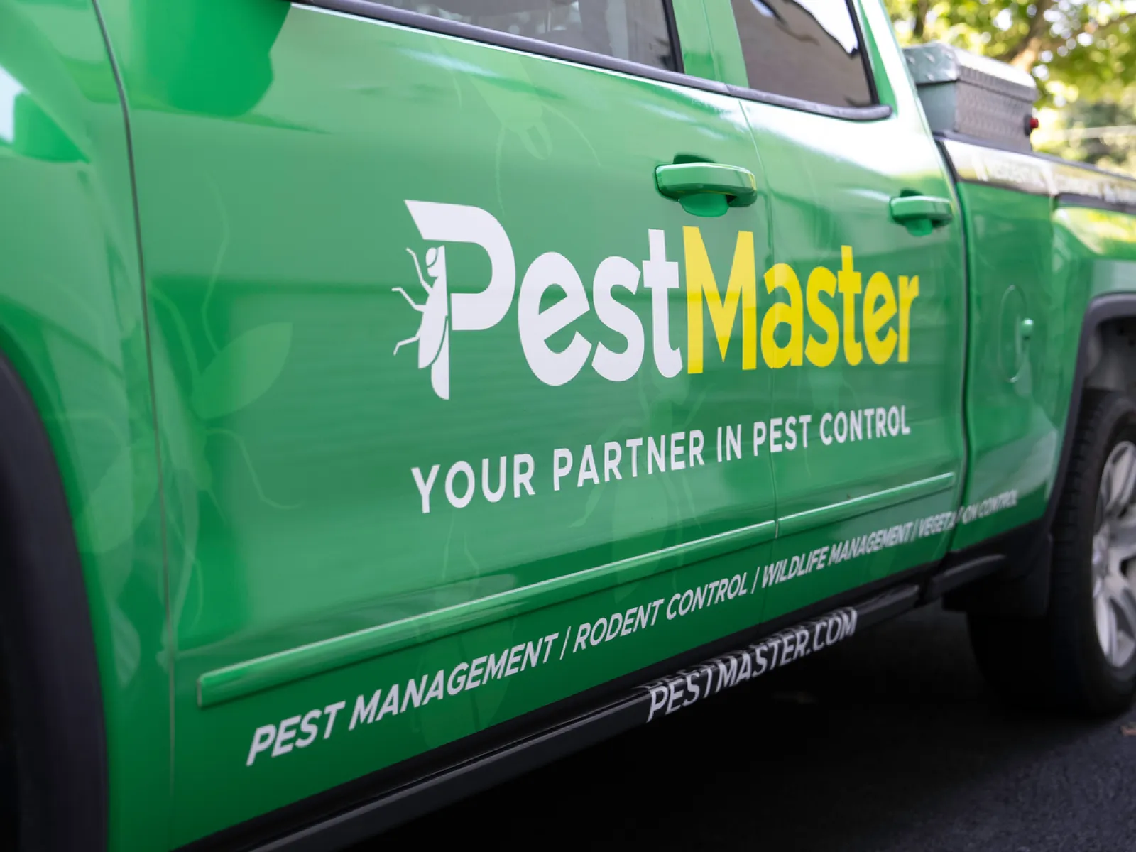 Green PestMaster truck with pest control services and company branding parked outdoors in daylight.