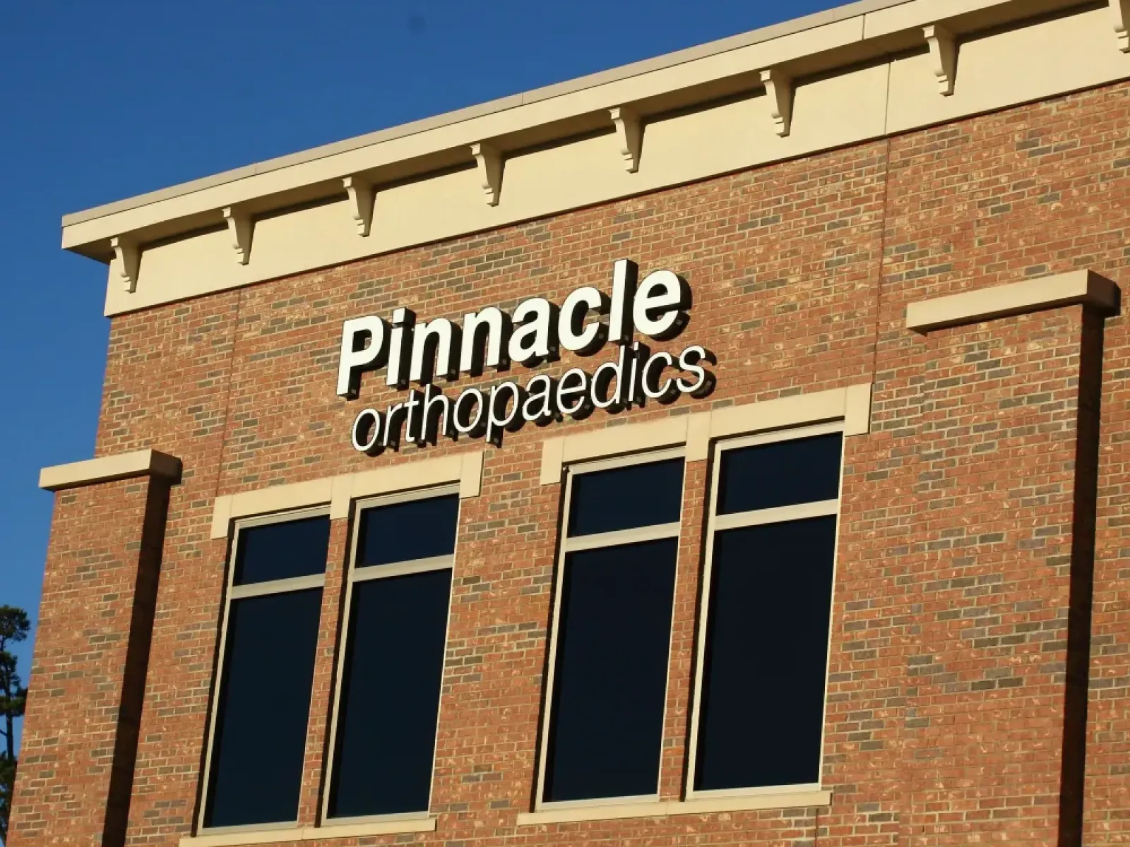 Brick building facade with Pinnacle Orthopaedics sign under clear blue sky.