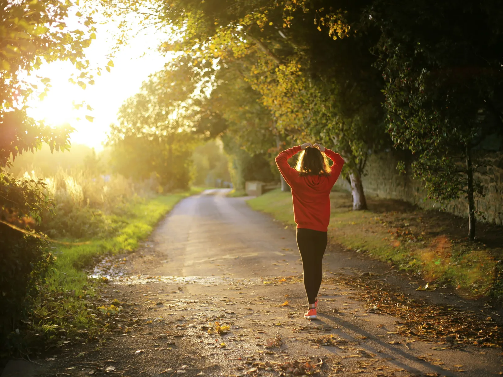 Woman in red jacket walking on a sunlit country road surrounded by trees and autumn leaves.