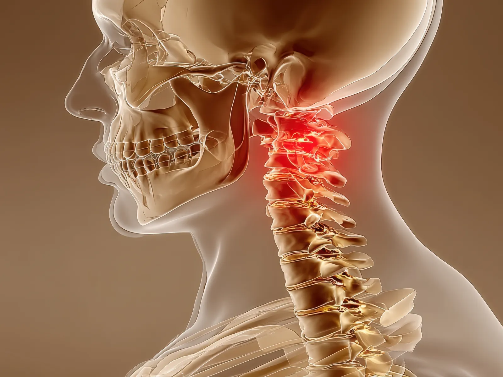3D medical illustration of the human neck spine highlighting cervical vertebrae with pain or inflammation area in red