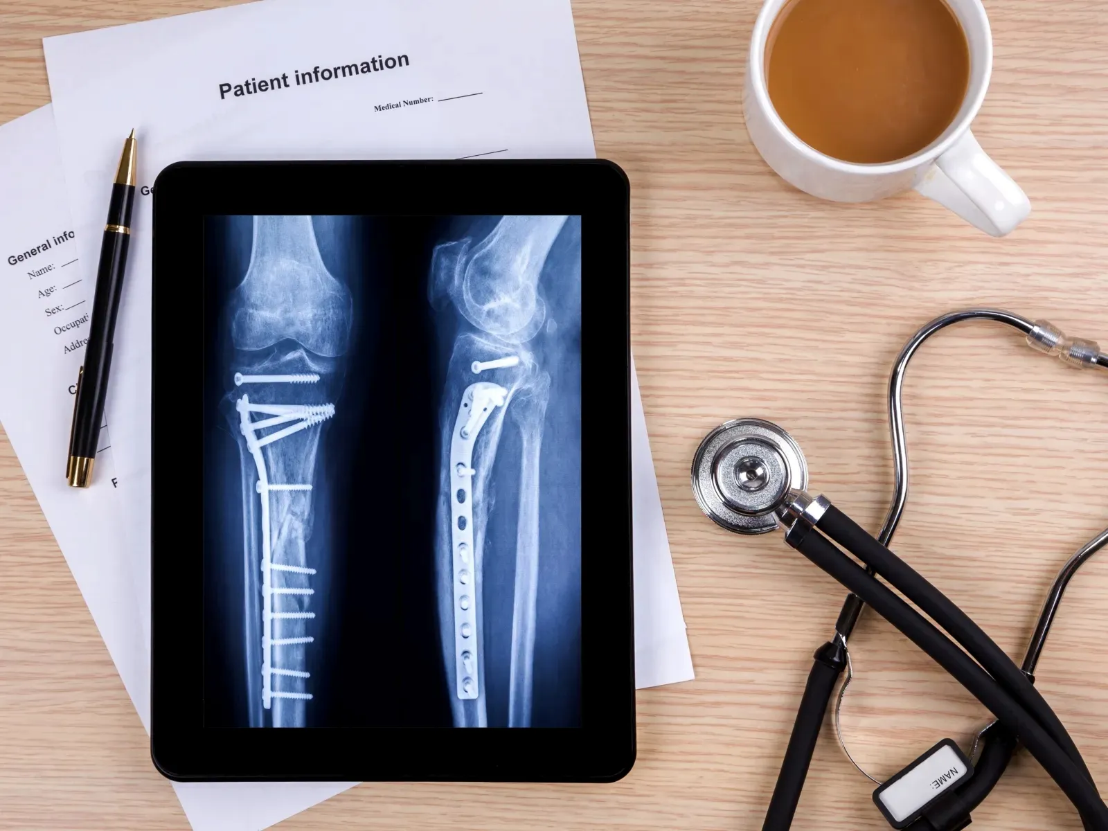 Tablet showing X-ray of leg with metal plates and screws, next to stethoscope, patient info, pen, and coffee on table.