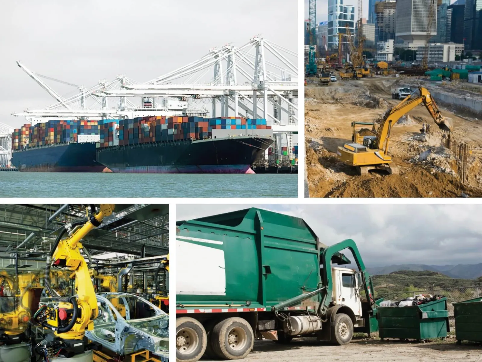 Container ship, construction site, robotic car assembly, and green garbage truck in industrial and urban settings.