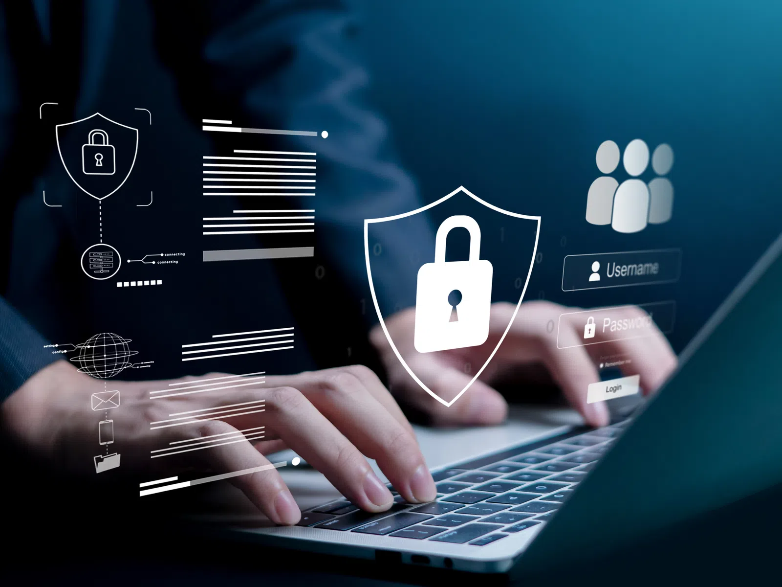 Hands typing on a laptop with digital security icons and login interface graphics floating above keyboard.