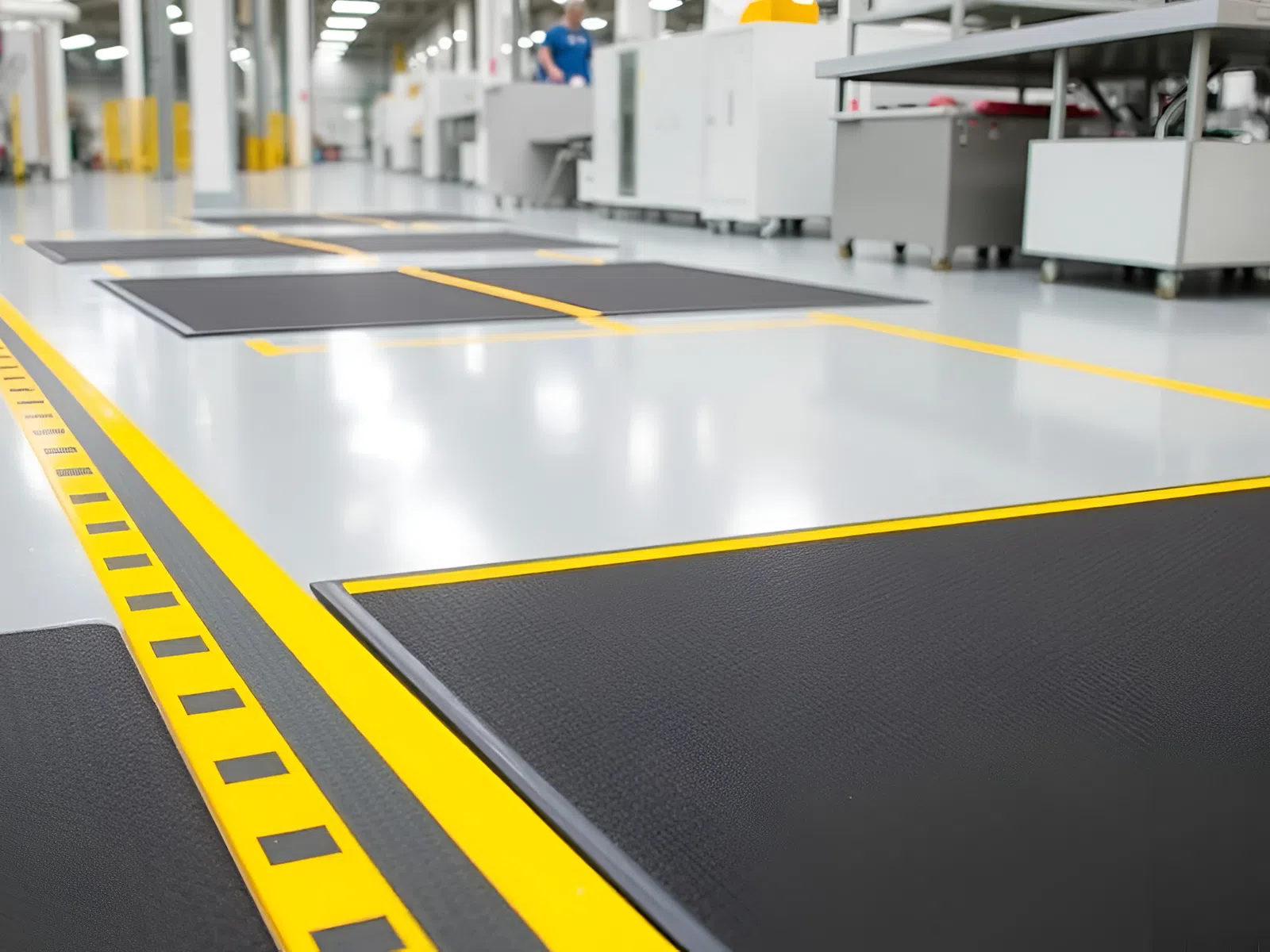 Black anti-fatigue mats with yellow borders arranged on a clean industrial factory floor with safety marked lines.