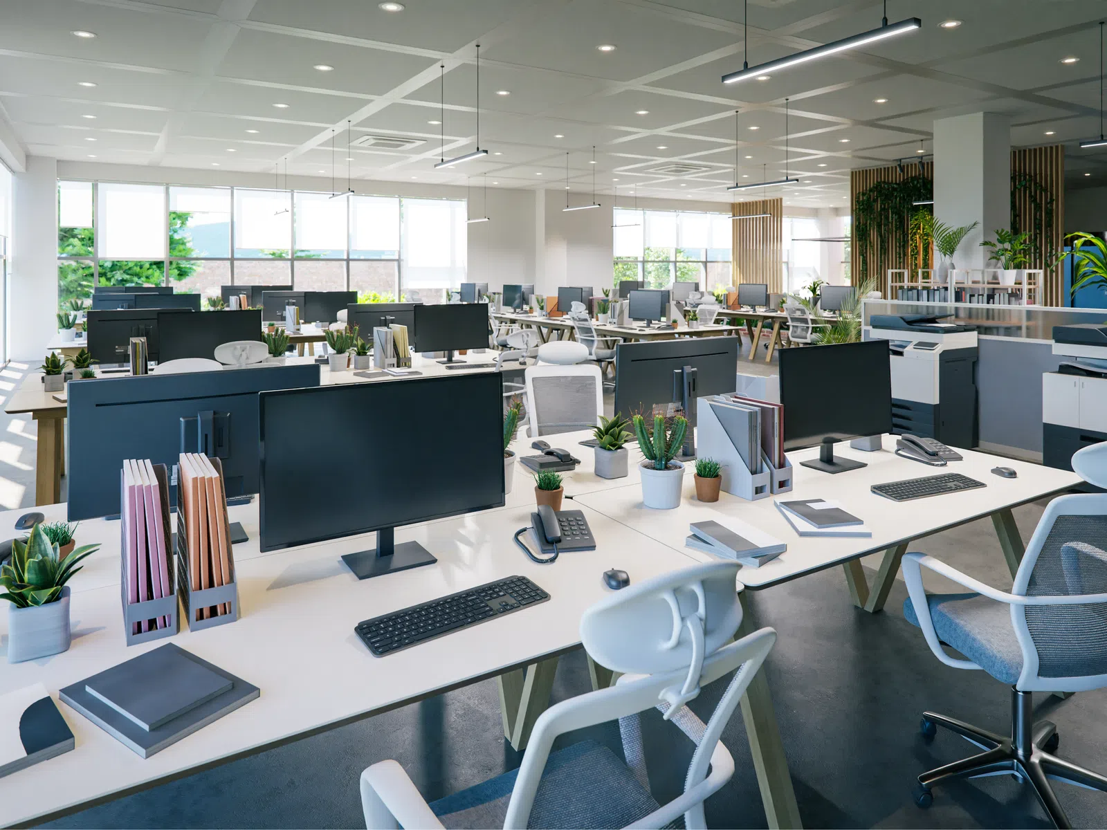 Modern open-plan office with desks, computers, ergonomic chairs, plants, and ample natural light from large windows.