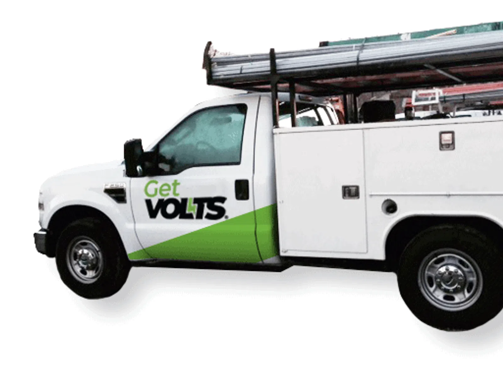 White service truck with GetVolts logo and ladder rack on top isolated on white background