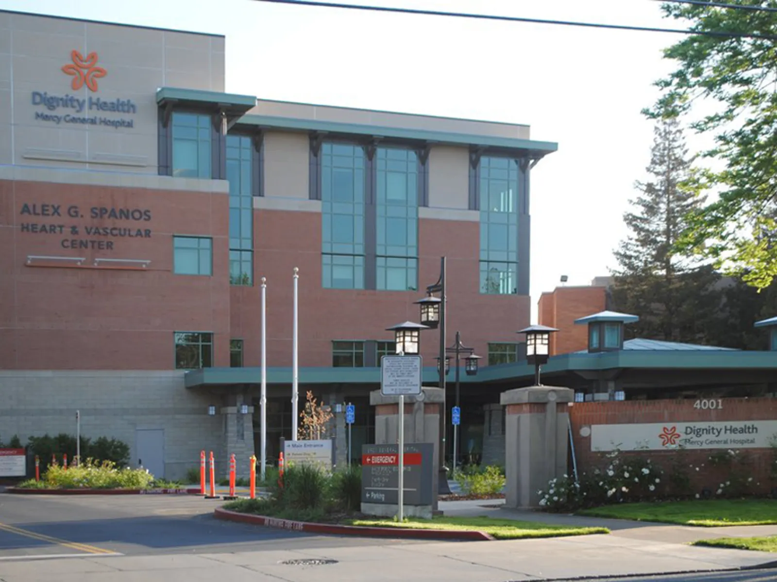 Dignity Health Mercy General Hospital Alex G. Spanos Heart & Vascular Center building exterior with signage and landscaping.