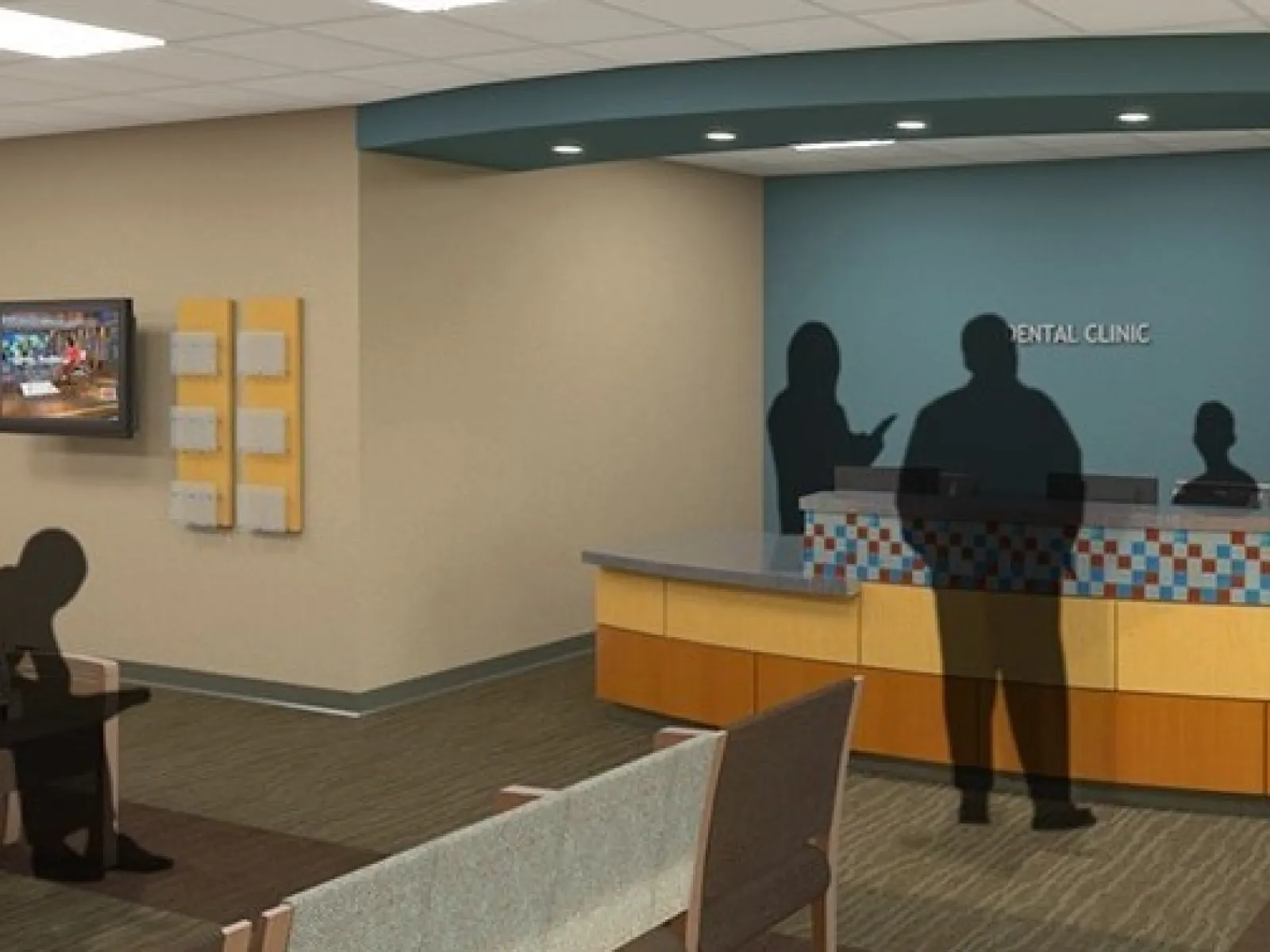 Modern dental clinic waiting area with reception desk, seating, and silhouettes of people interacting.