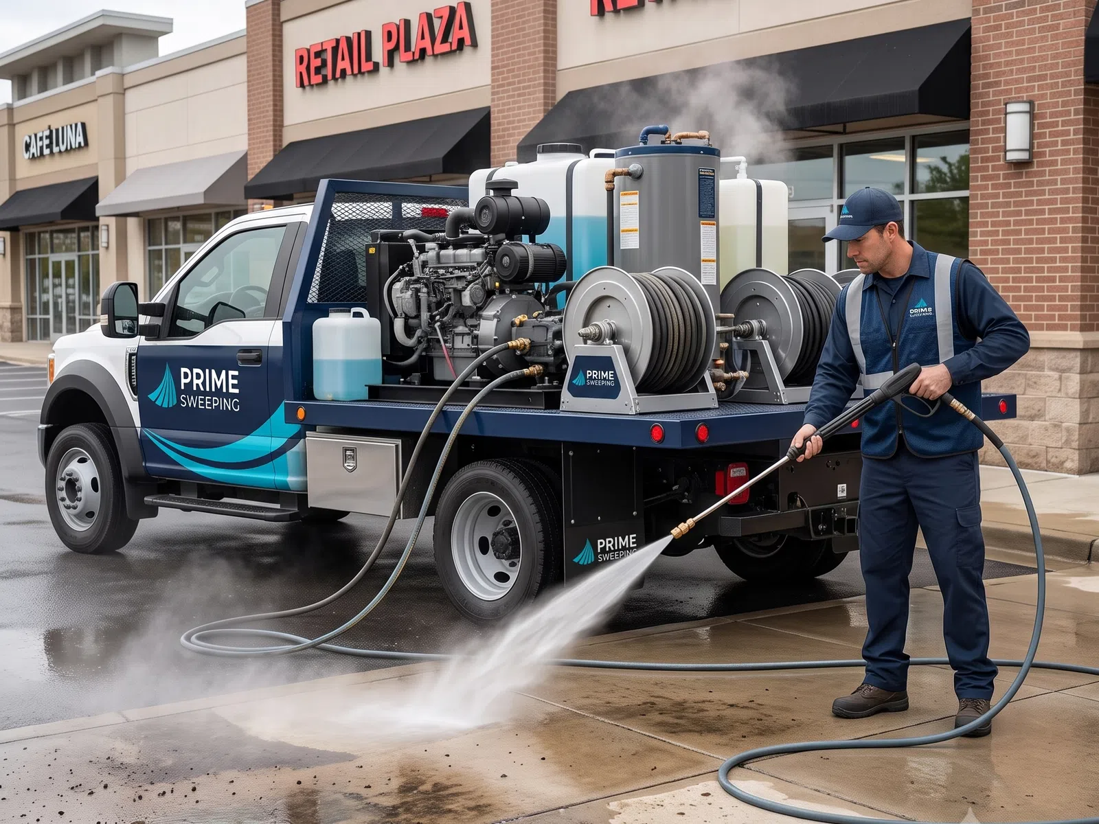 Worker power washing pavement outside retail plaza with a Prime Sweeping truck in daylight.