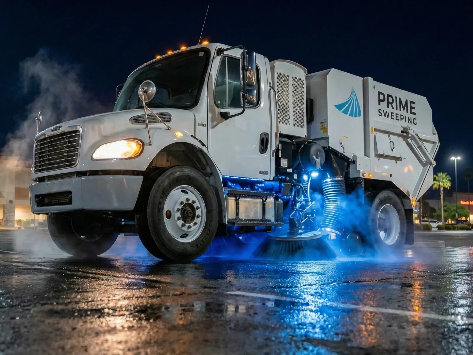 White Prime Sweeping street cleaning truck operating at night with blue lights on wet asphalt