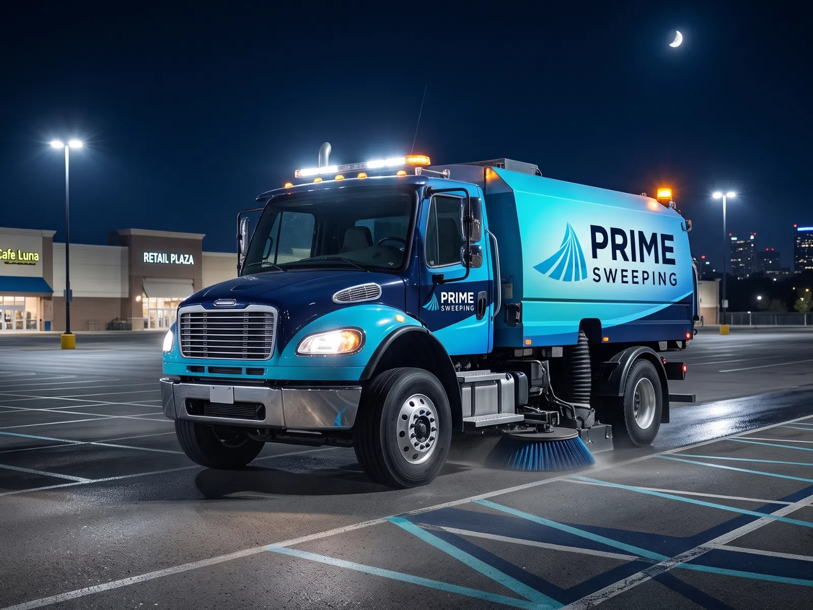 Prime Sweeping street sweeper truck cleaning an empty parking lot at night under a crescent moon.