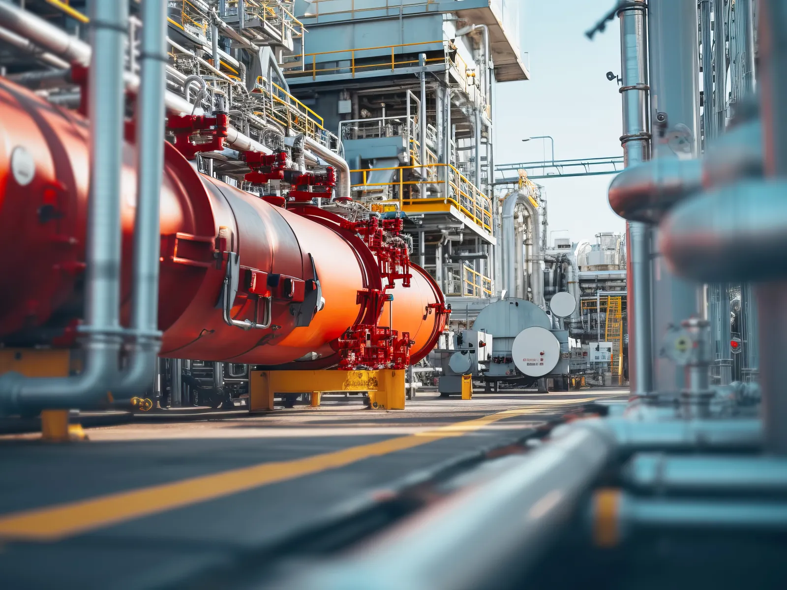 Industrial scene featuring bright orange storage tanks surrounded by metallic pipes and structures.