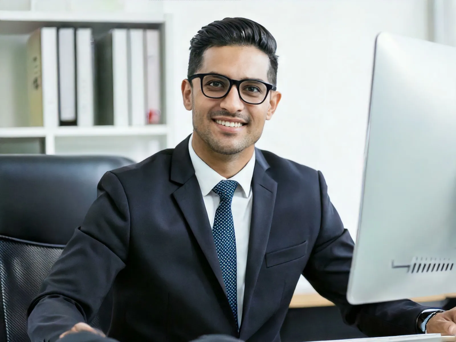 Smiling businessman in black suit and glasses sitting at desk with computer in modern office