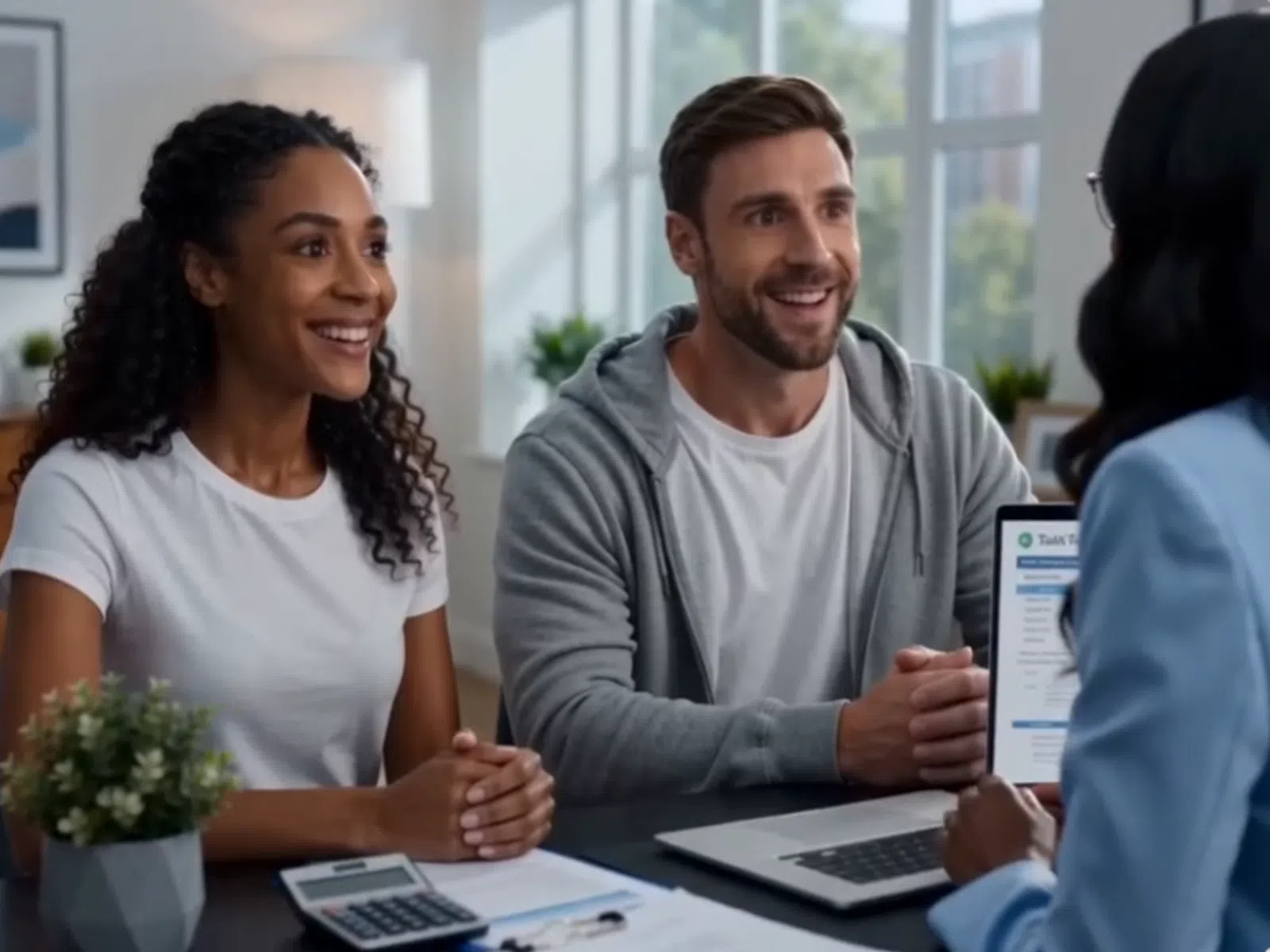 Happy couple discussing financial plans with advisor in a bright modern office setting