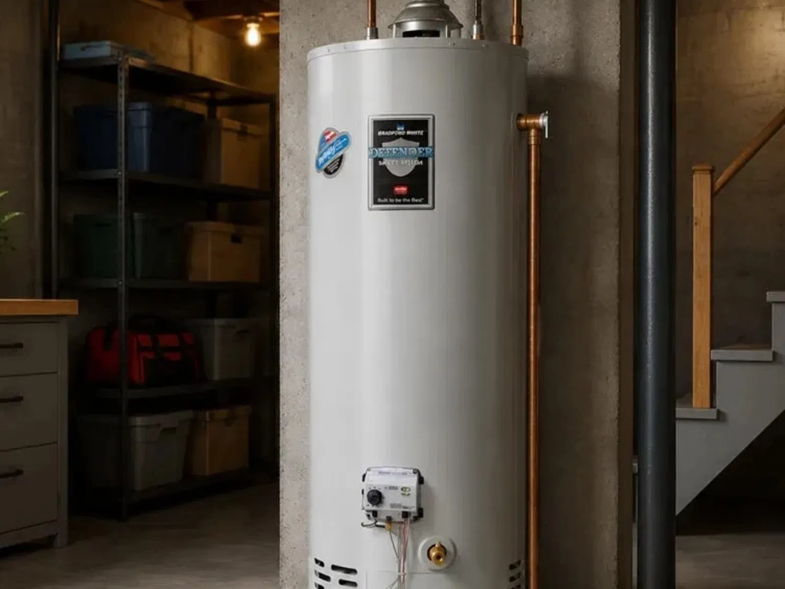 Tall white Bradford White Defender water heater installed in a basement next to staircase and shelving.