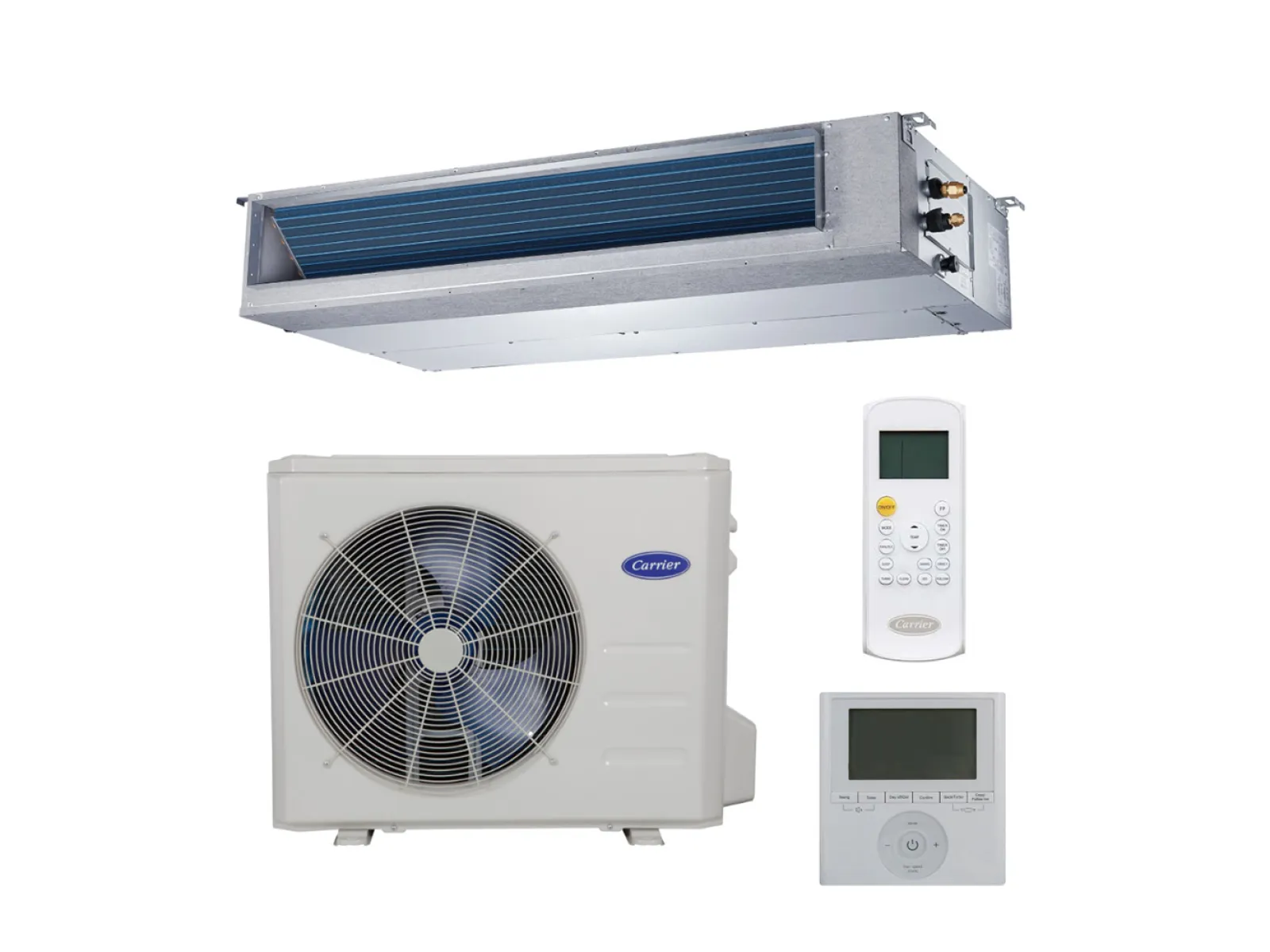 Carrier brand ducted air conditioning system with indoor unit, outdoor compressor, remote control, and thermostat.