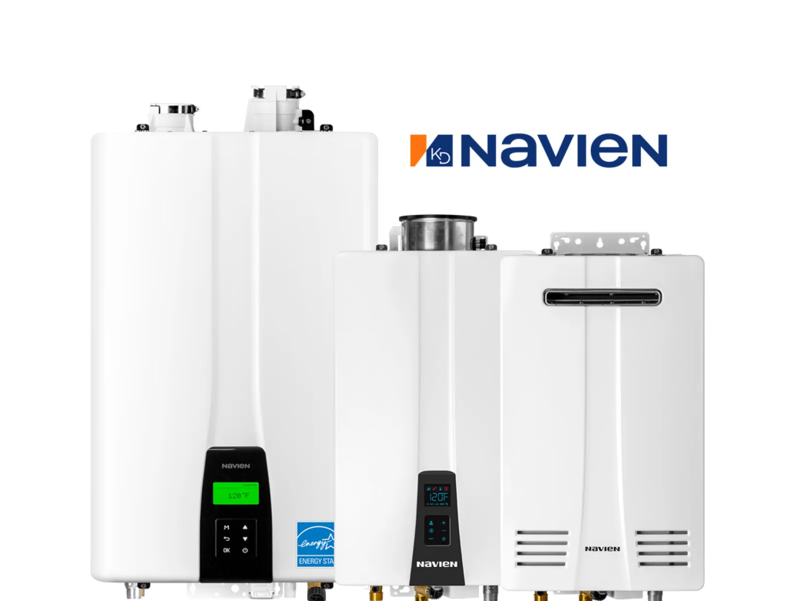 Three Navien tankless water heaters showcasing sleek, modern designs and varied sizes.