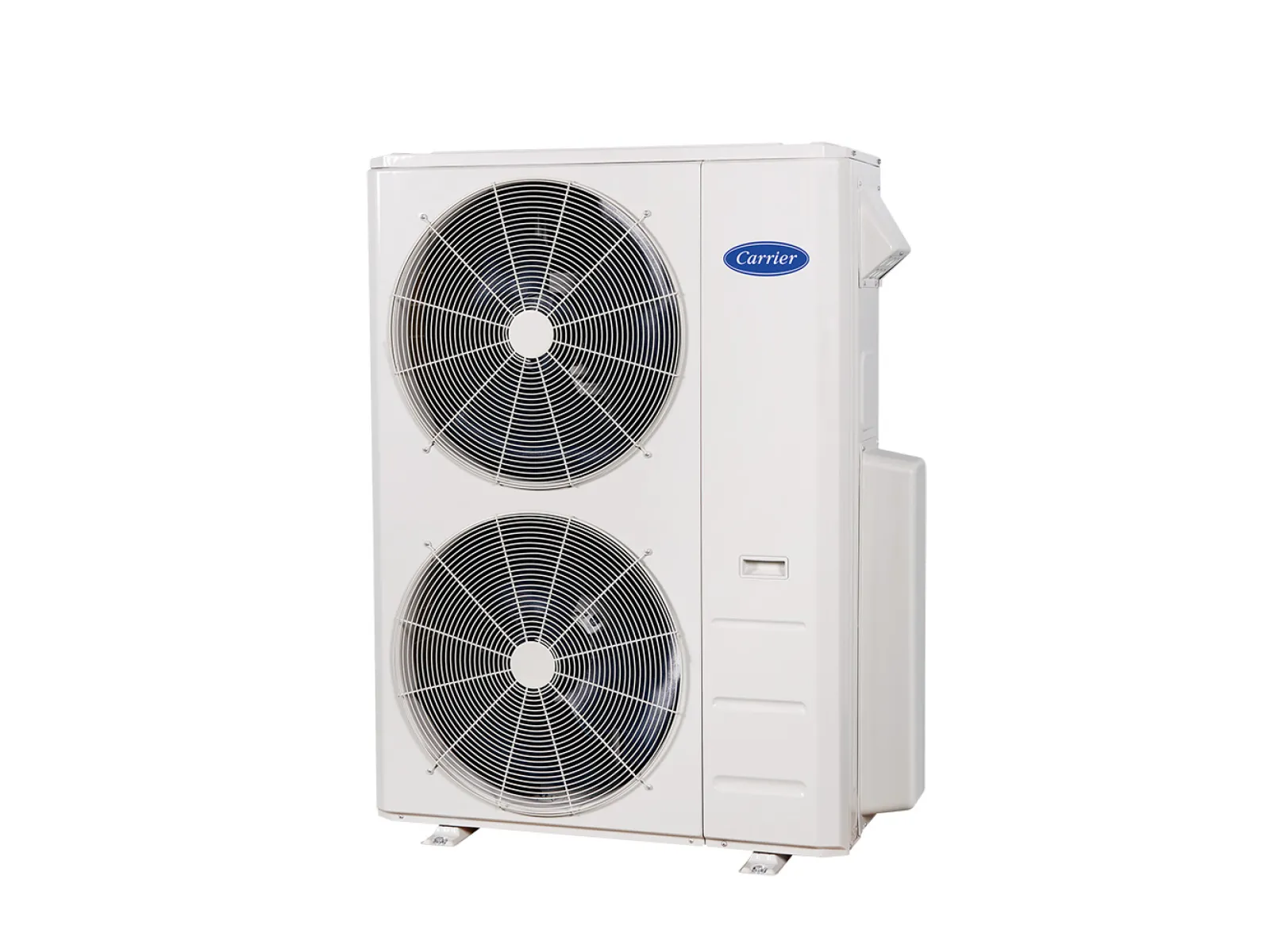 White Carrier outdoor air conditioning unit with dual large fans on a white background