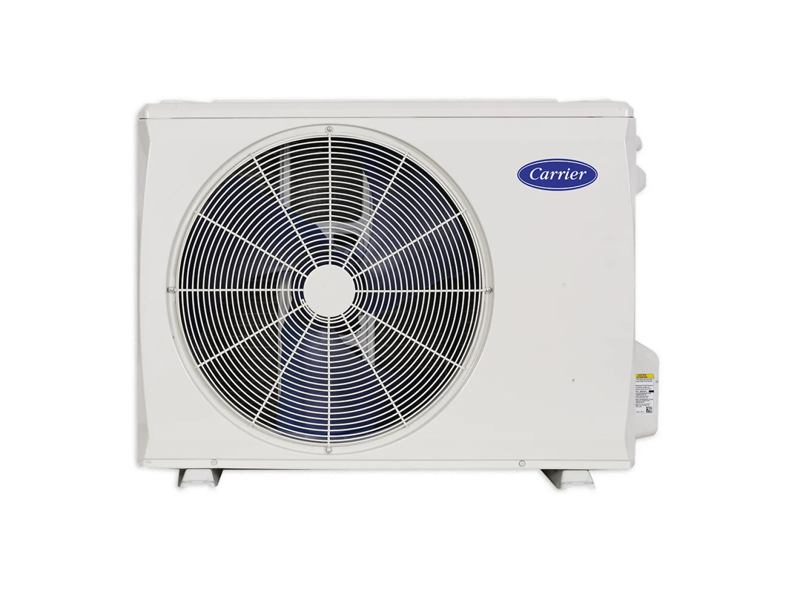 White Carrier outdoor air conditioning unit with large fan and protective grille, isolated on white background