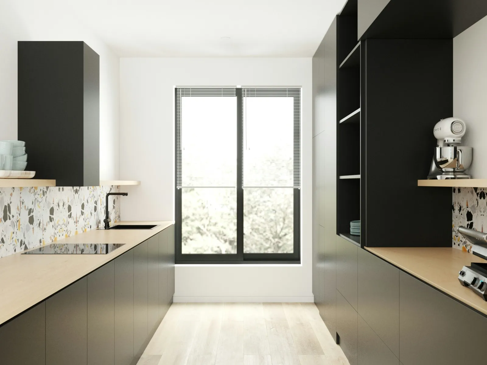 Modern minimalist kitchen with black cabinets, light wood countertops, terrazzo backsplash, and large window.