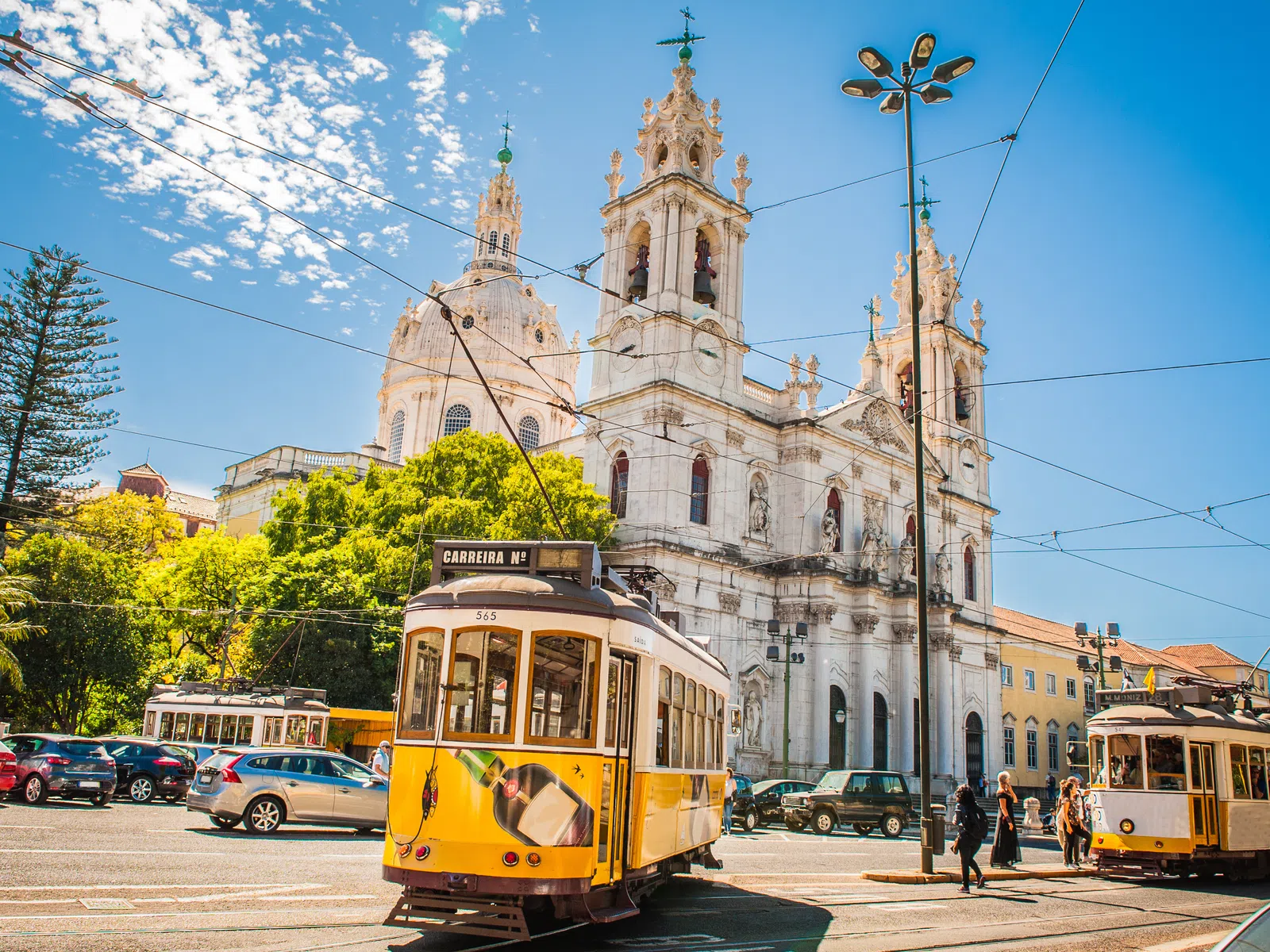 Historic yellow trams passing by a grand white cathedral under a bright blue sky in a sunny urban square.