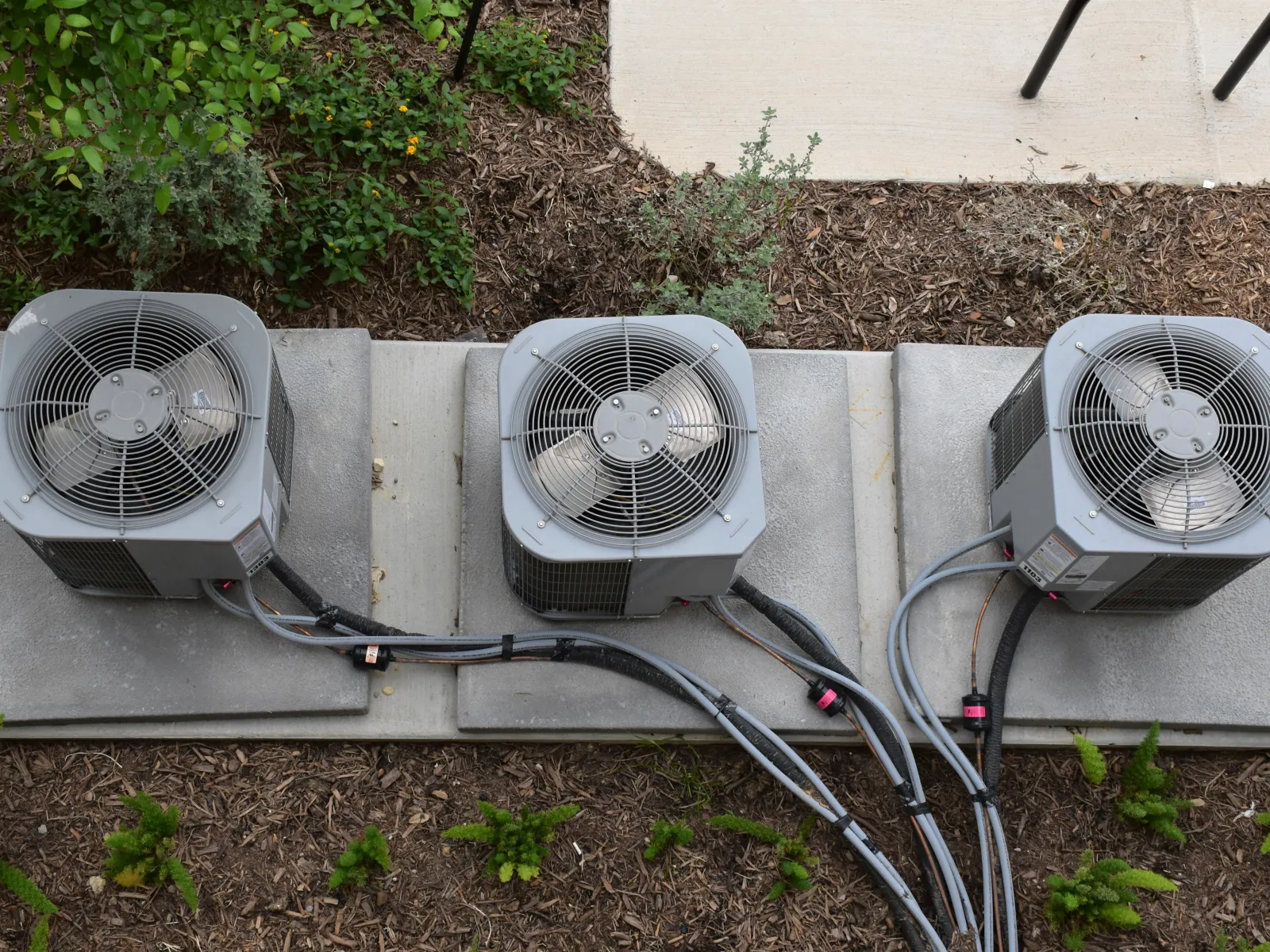 Three outdoor air conditioning units mounted on concrete pads with connected electrical cables and surrounding plants.