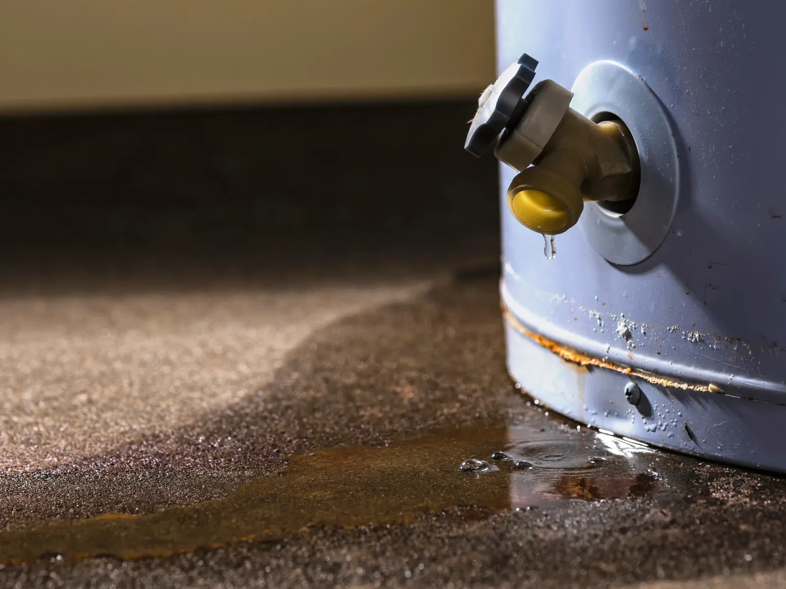 Close-up of a leaking water heater valve with puddle forming on the floor beneath a rusty tank.