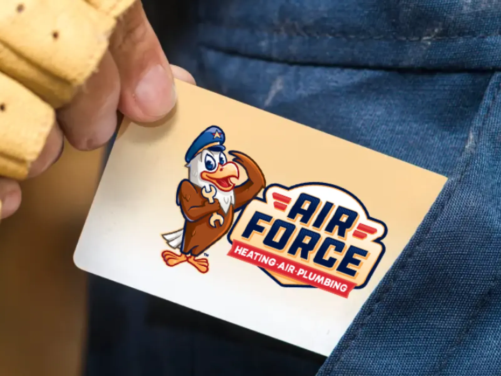 Hand holding a business card with Air Force Heating Air Plumbing logo near blue work pants pocket.