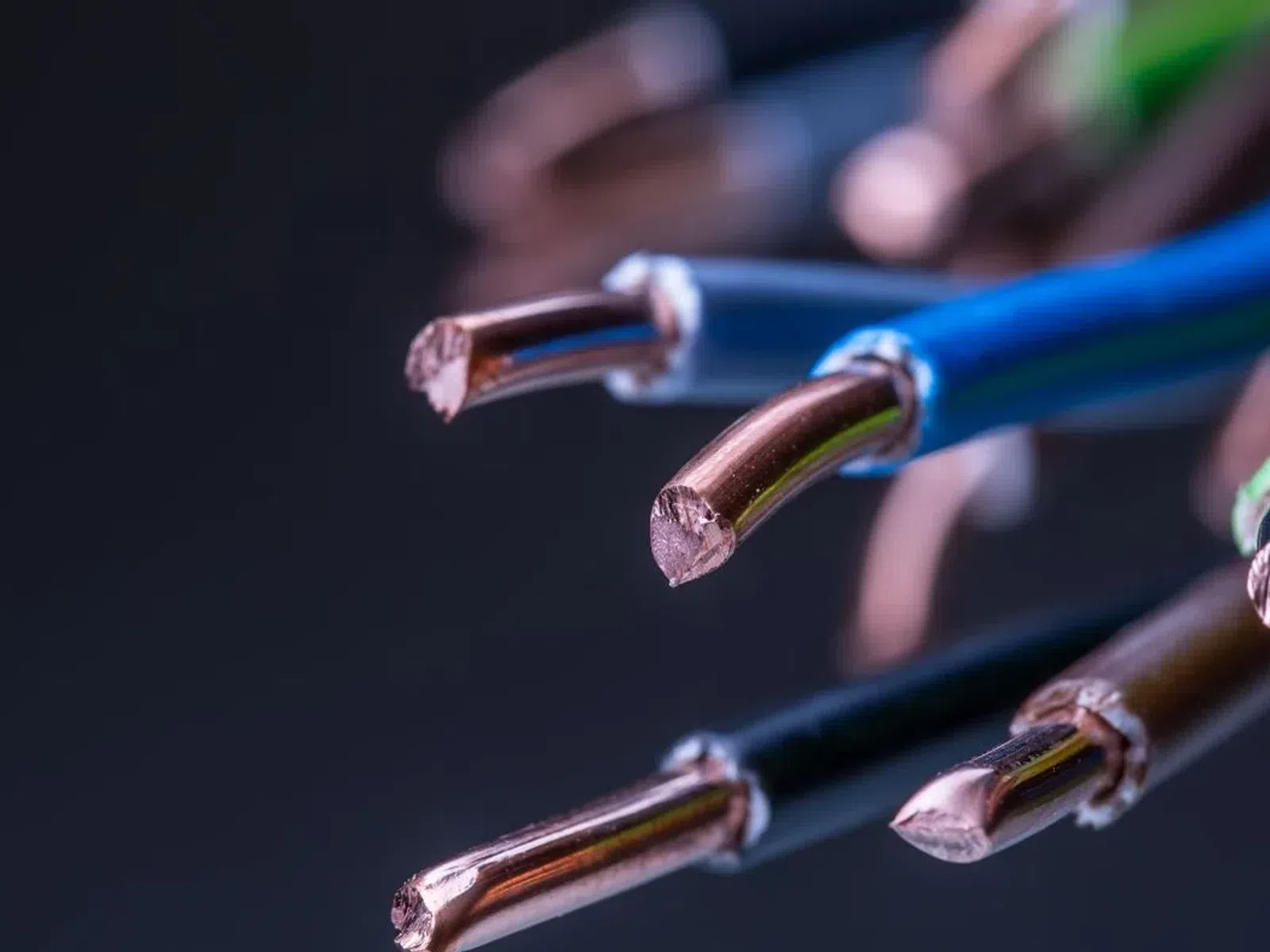 Close-up of five multi-colored copper electrical wire ends against a dark blurred background.