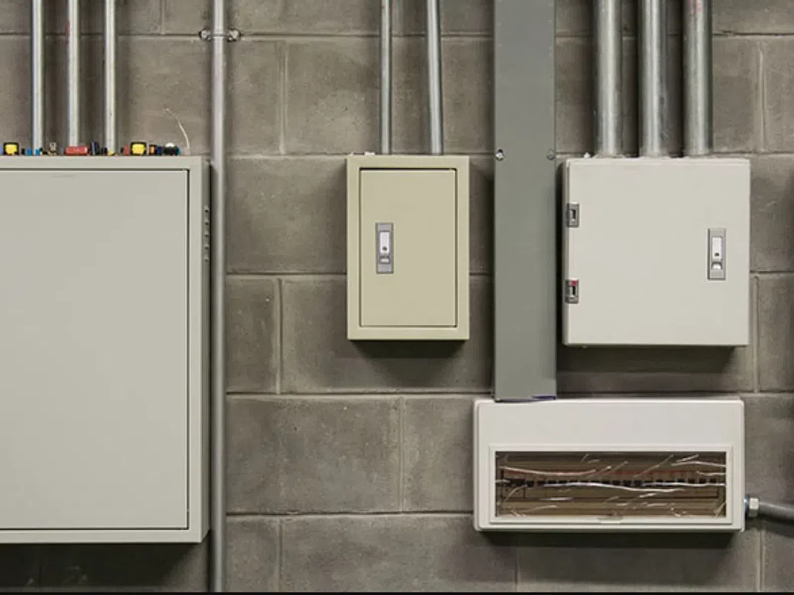 Array of electrical panels and conduit pipes mounted on a concrete wall in a utility area.