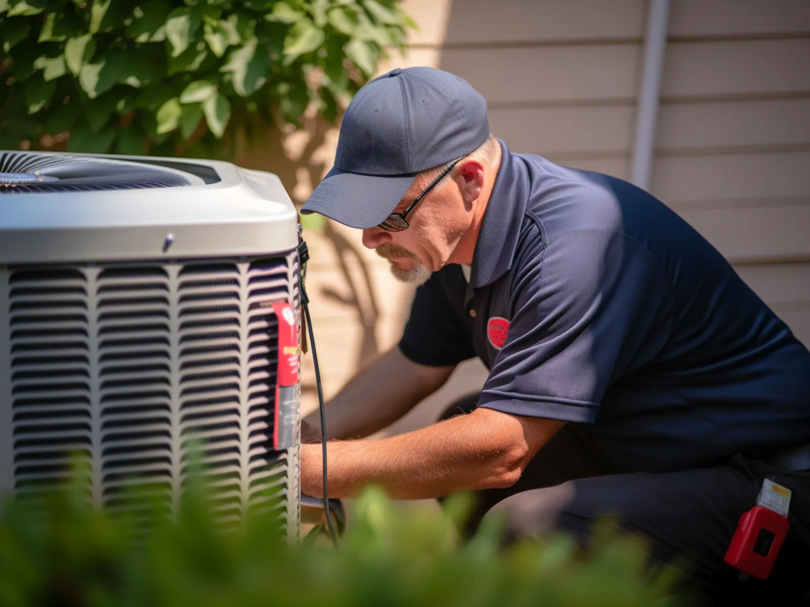 Technician in cap and uniform repairing an outdoor air conditioning unit next to a house on a sunny day