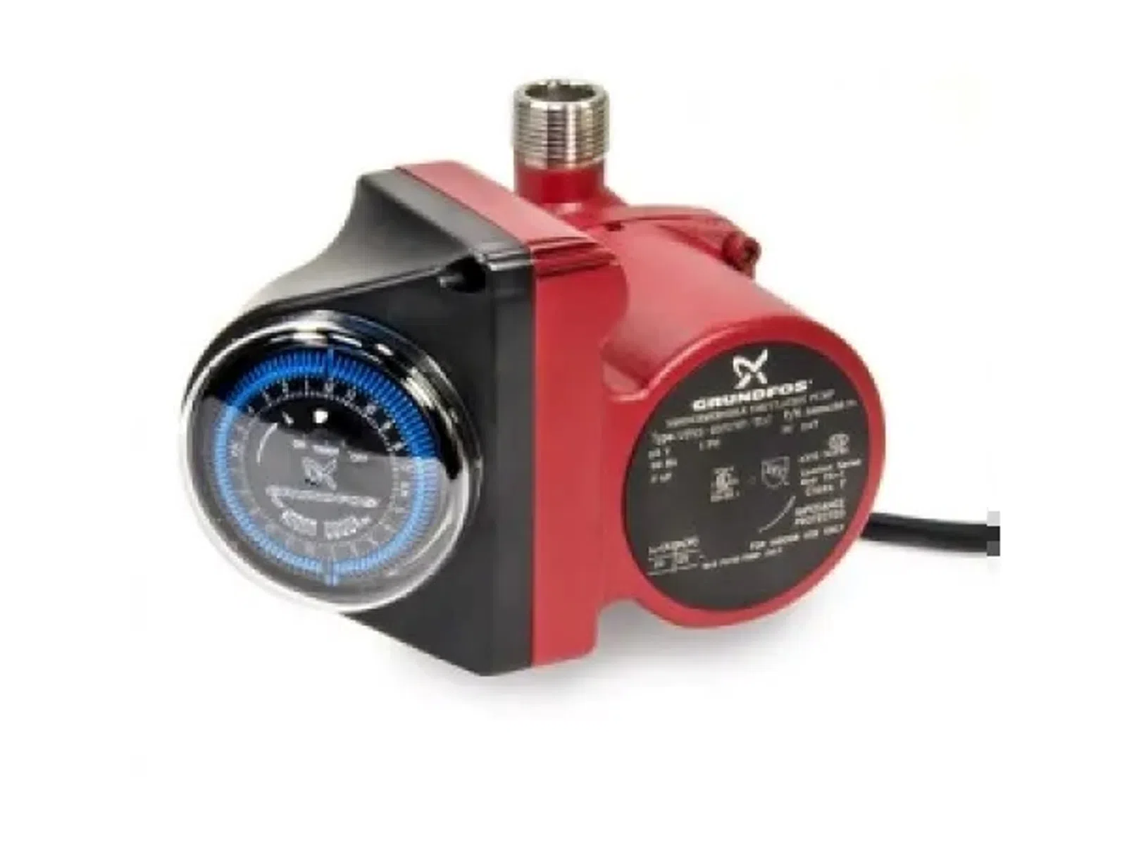 Red and black Grundfos water pump with mechanical timer dial and metal inlet on white background