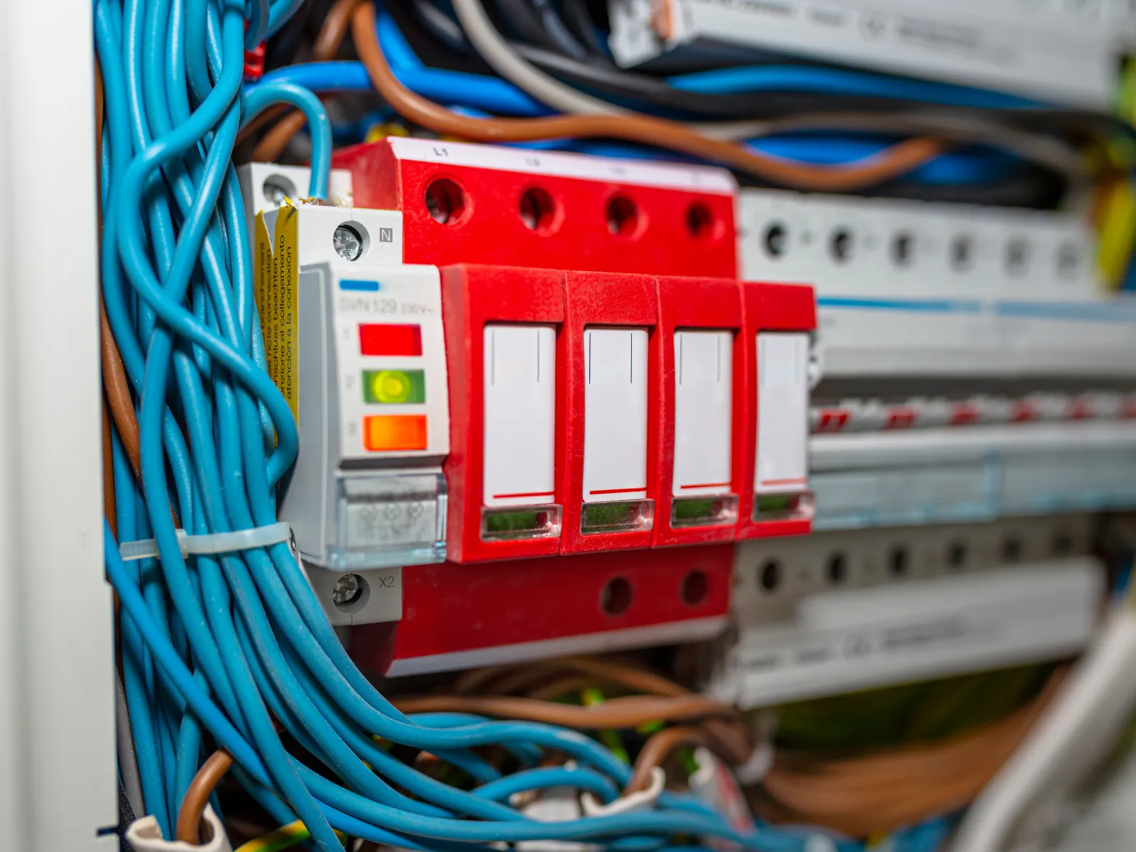Close-up of electrical circuit breakers with red covers and blue wiring inside a control panel.