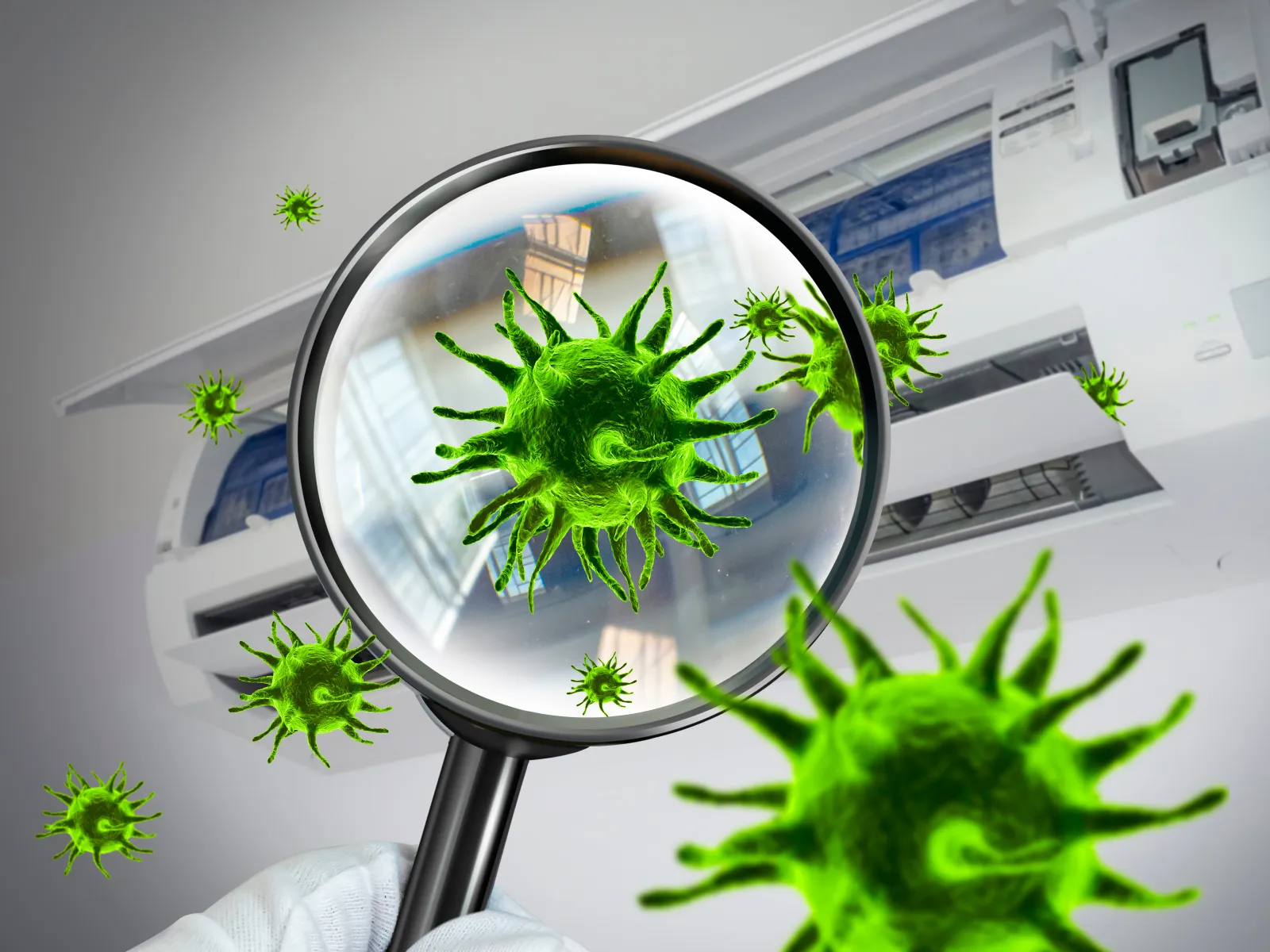 Magnified green virus particles near an air conditioner indicating airborne contamination or infection risk indoors.