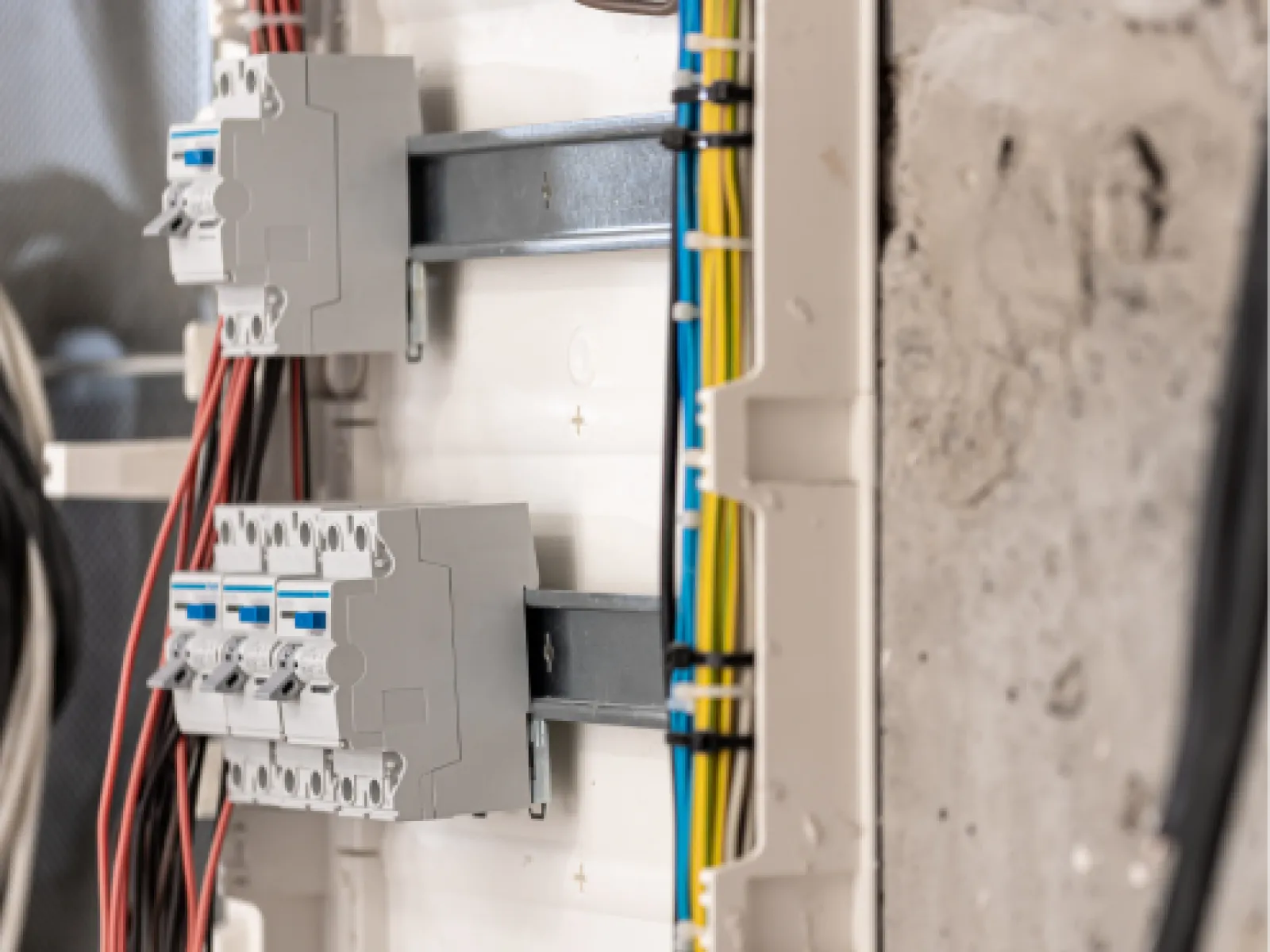 Close-up of electrical circuit breakers and organized colored wires inside a distribution panel box.