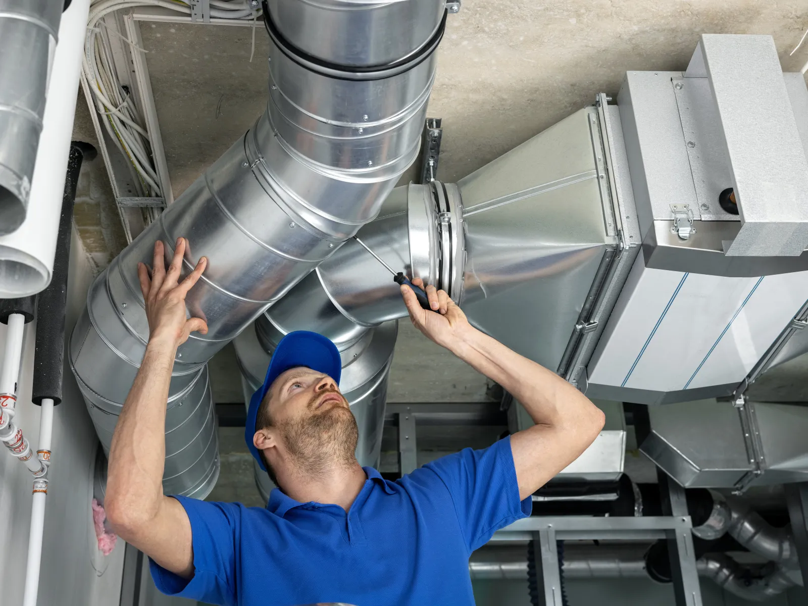 Technician in blue uniform inspecting and repairing metal HVAC ductwork with a screwdriver in a commercial building.