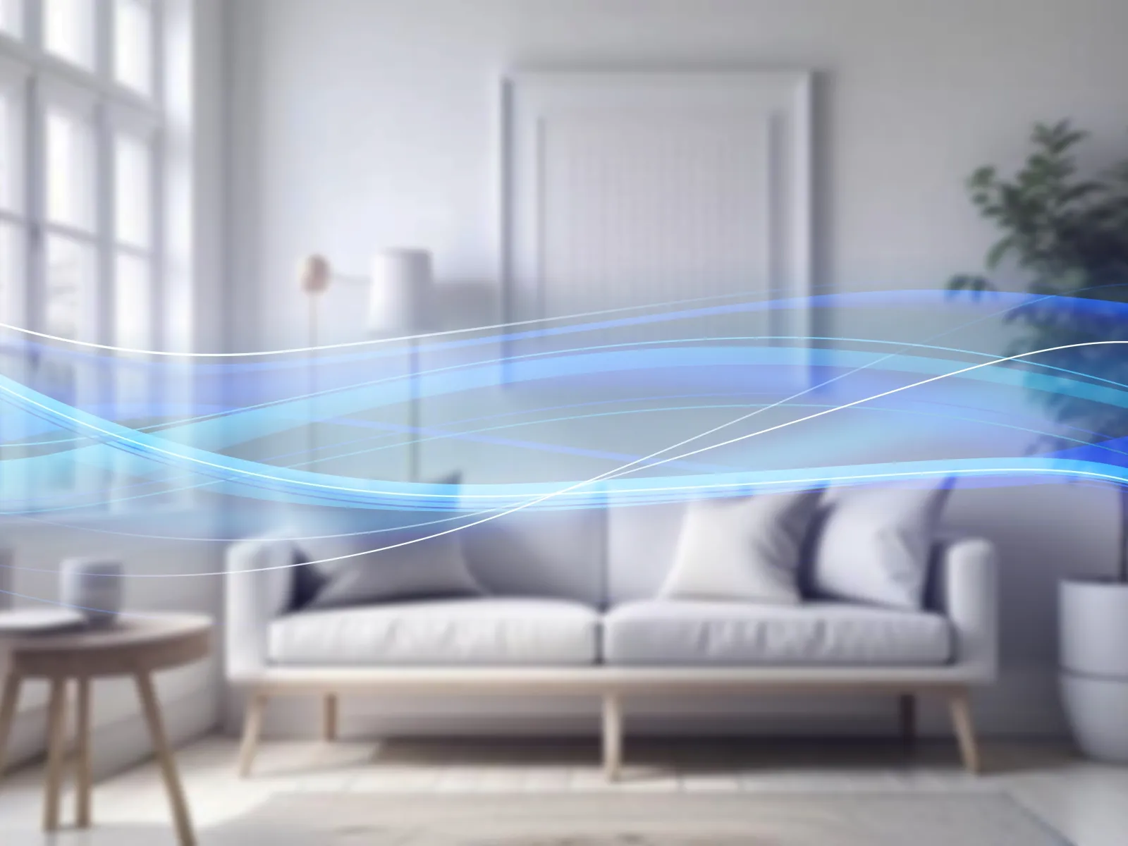 Modern living room with light gray sofa, wooden side table, potted plant, and abstract blue wave overlay.