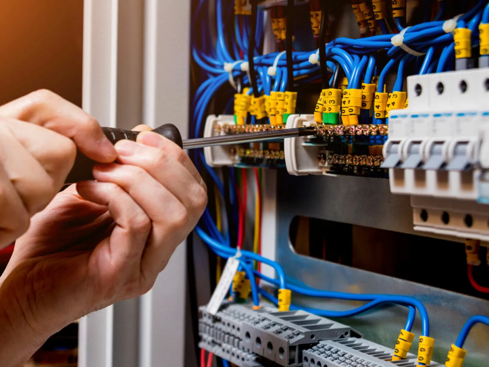 Electrician using screwdriver to connect wires inside electrical control panel with blue cables and circuit breakers.