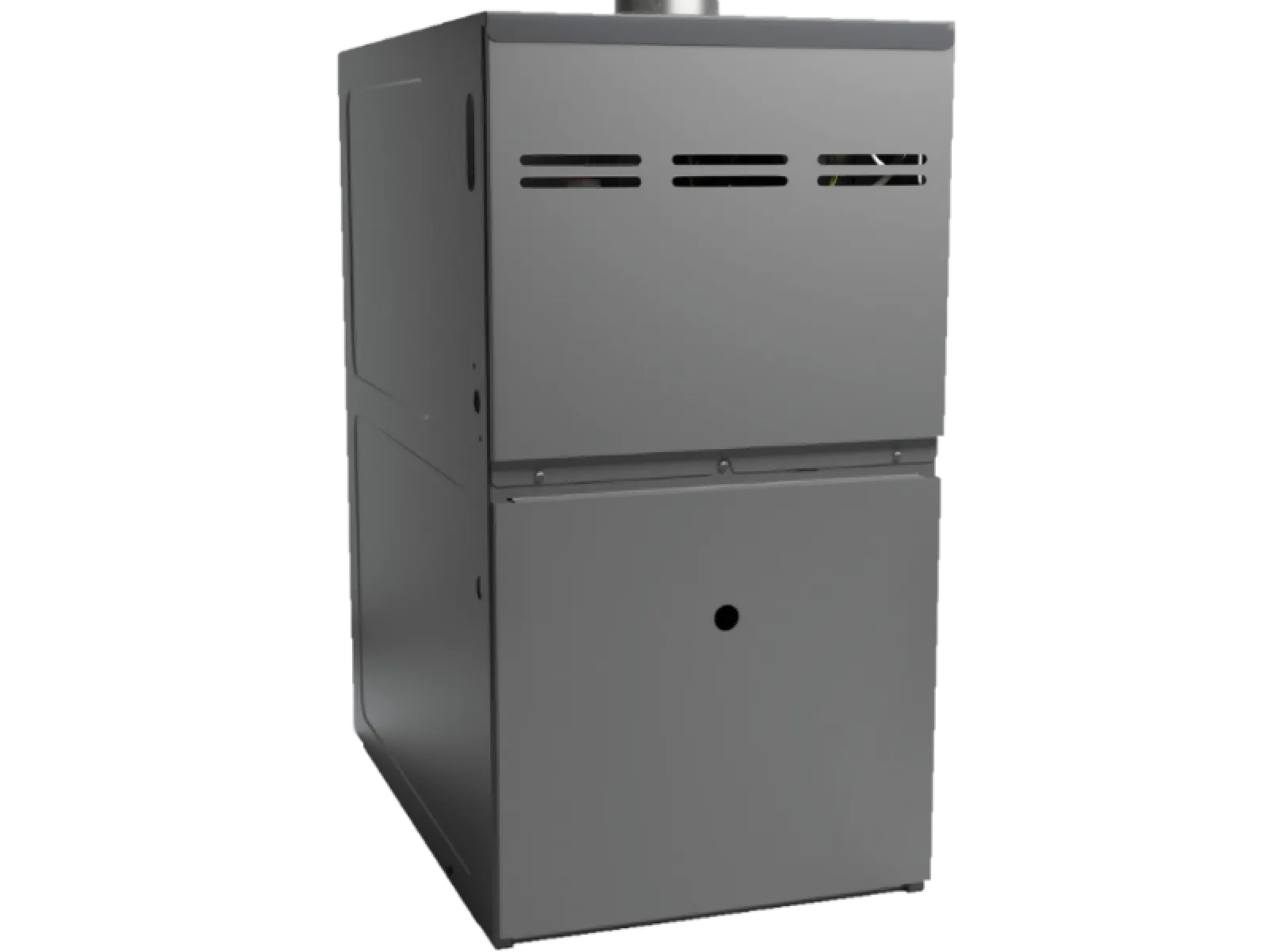 Gray metal furnace or heating unit with vent slots and pipe connection on top viewed from an angle.