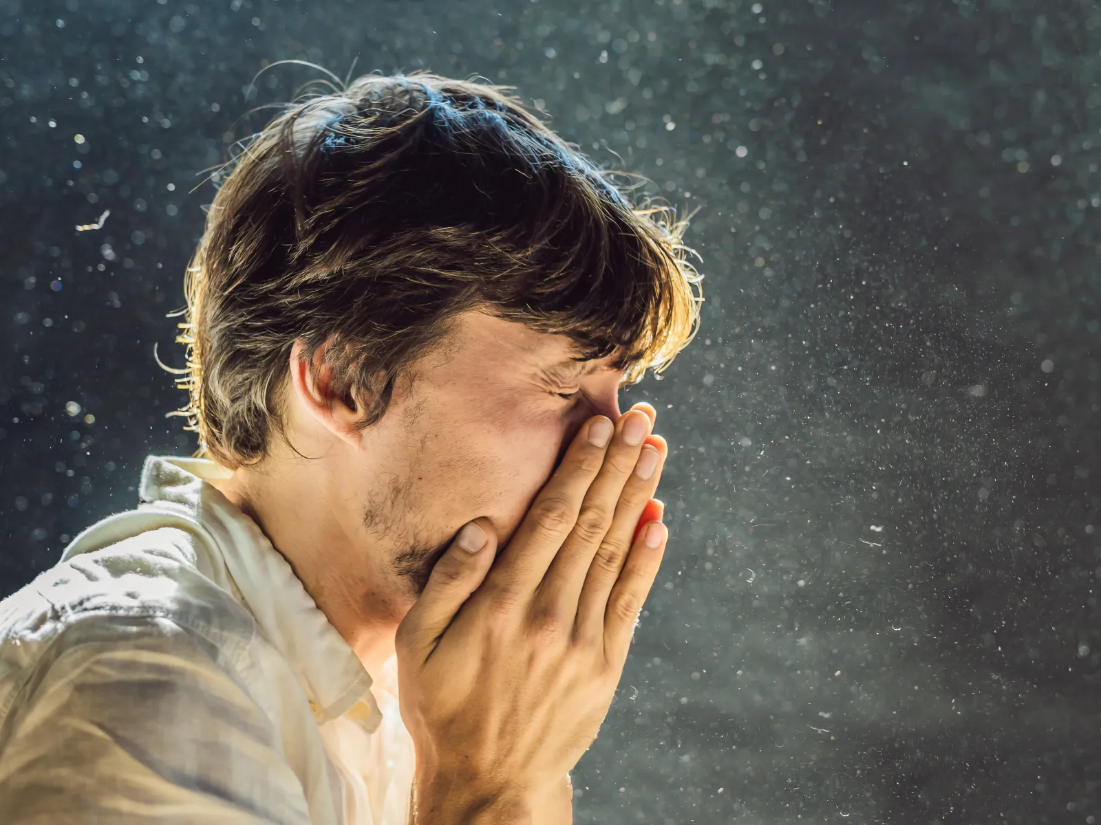 Man sneezing with hands covering nose and mouth surrounded by airborne particles on dark background